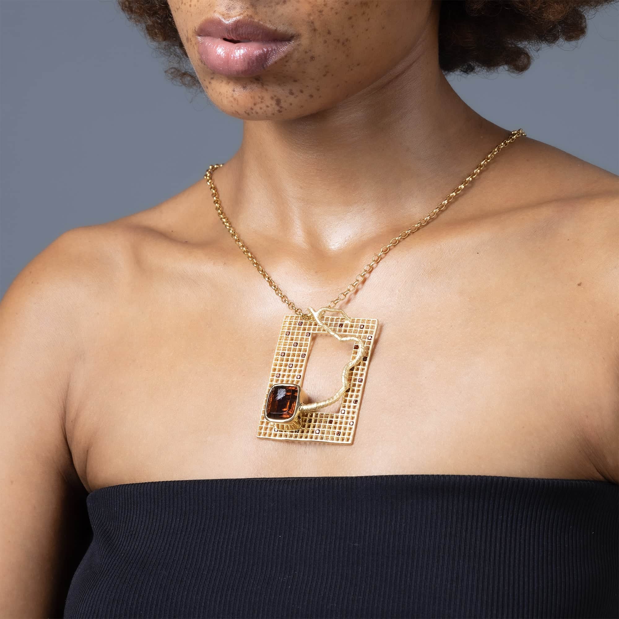 Sohrab Singular Edition Smoky Quartz and Red Garnet Pendant in 14K Gold-Plated Sterling Silver