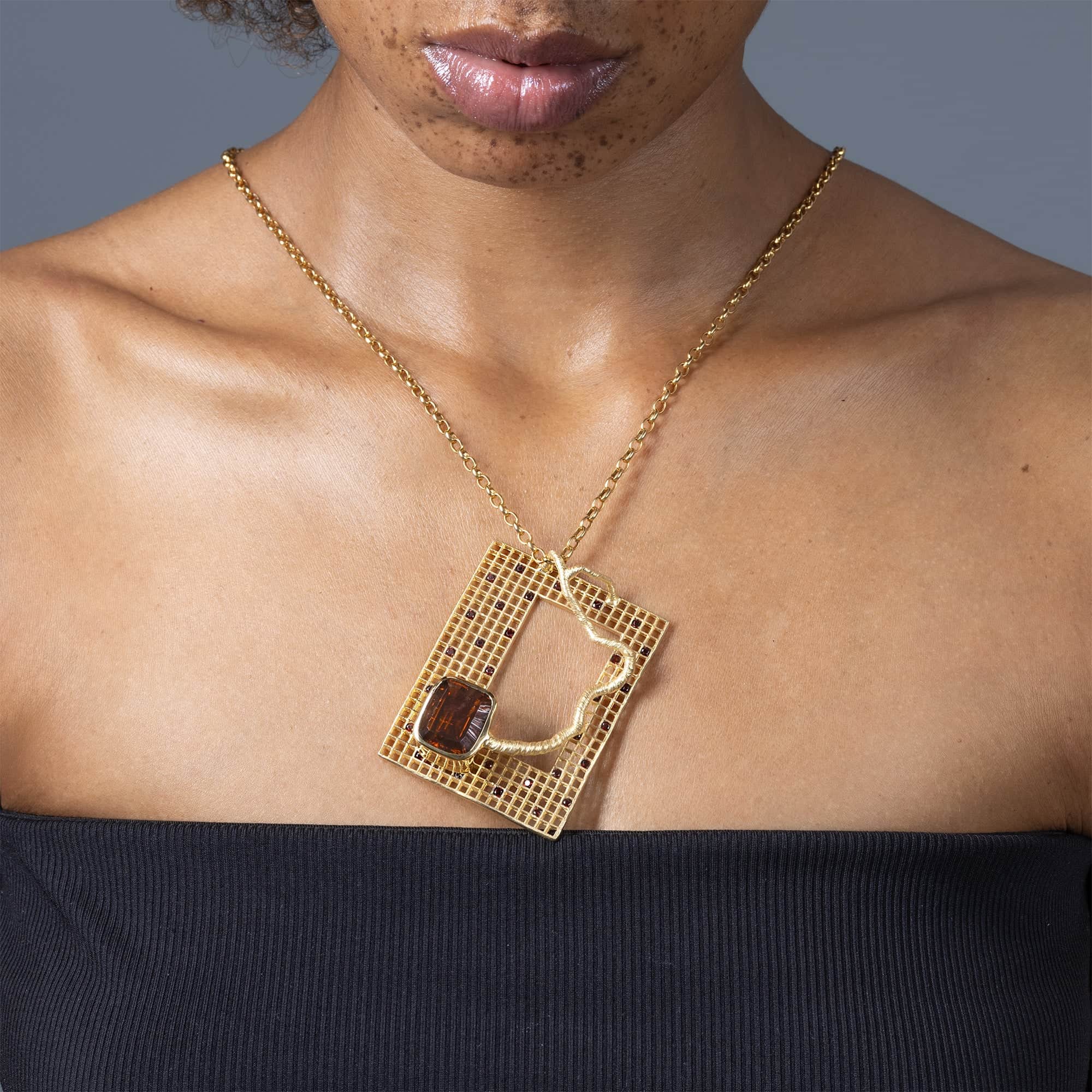 Sohrab Singular Edition Smoky Quartz and Red Garnet Pendant in 14K Gold-Plated Sterling Silver