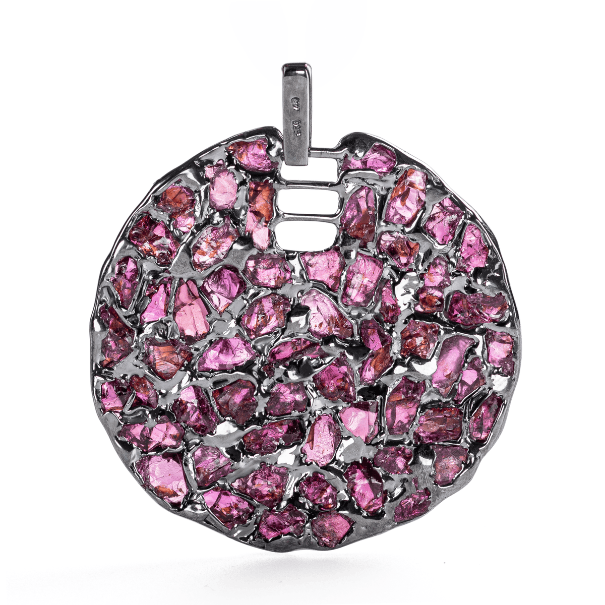 Smalto Singular Edition Natural Raw Rhodolite Mosaic Silver Pendant