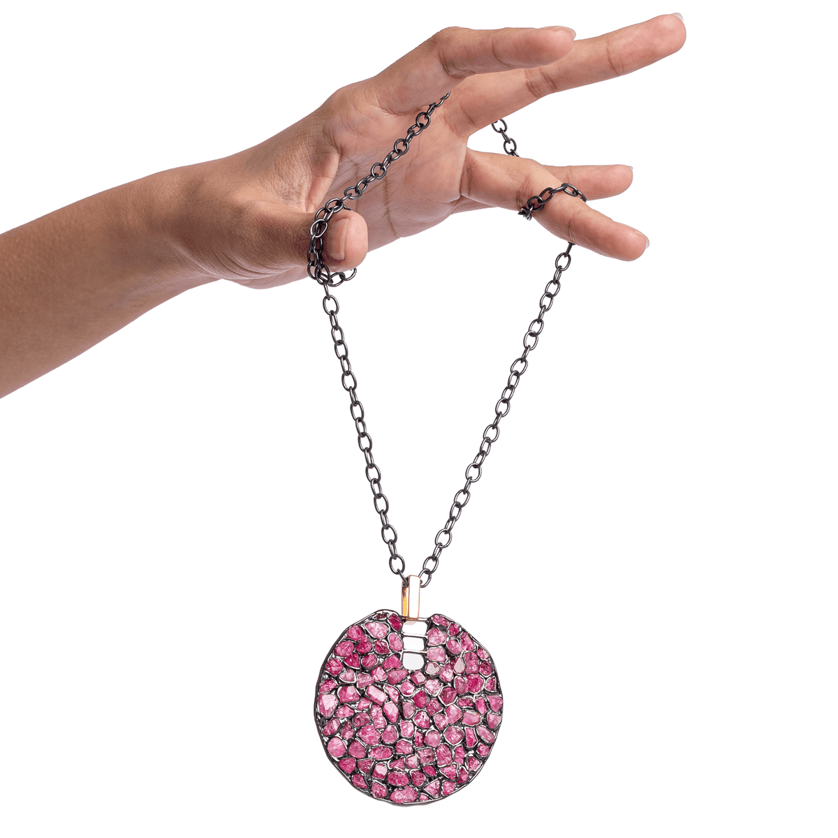 Hyalos Singular Edition Natural Raw Ruby Mosaic Silver Pendant