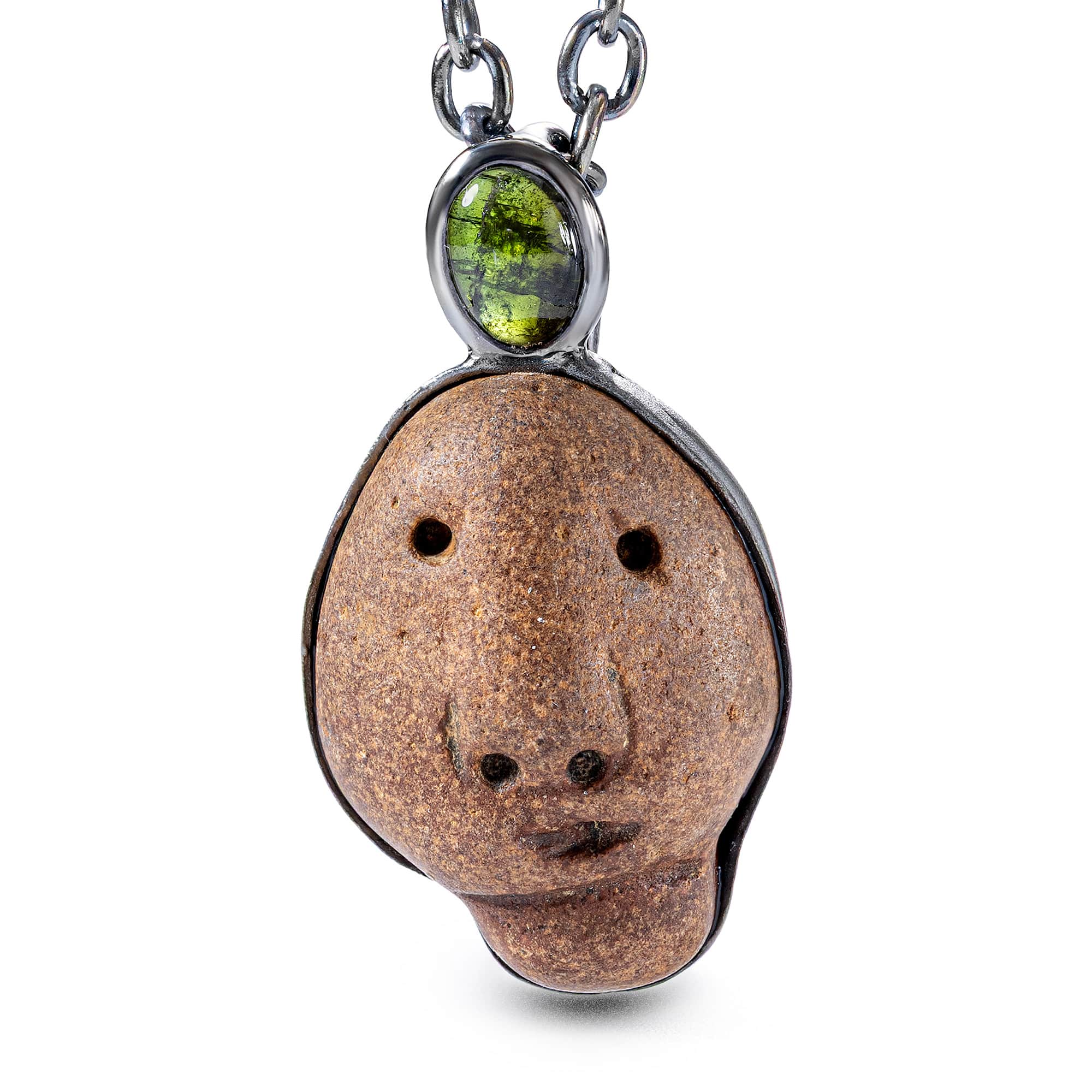Anima Sterling Silver Pendant with Ancient Mediterranean Limestone Maskette & Green Tourmaline