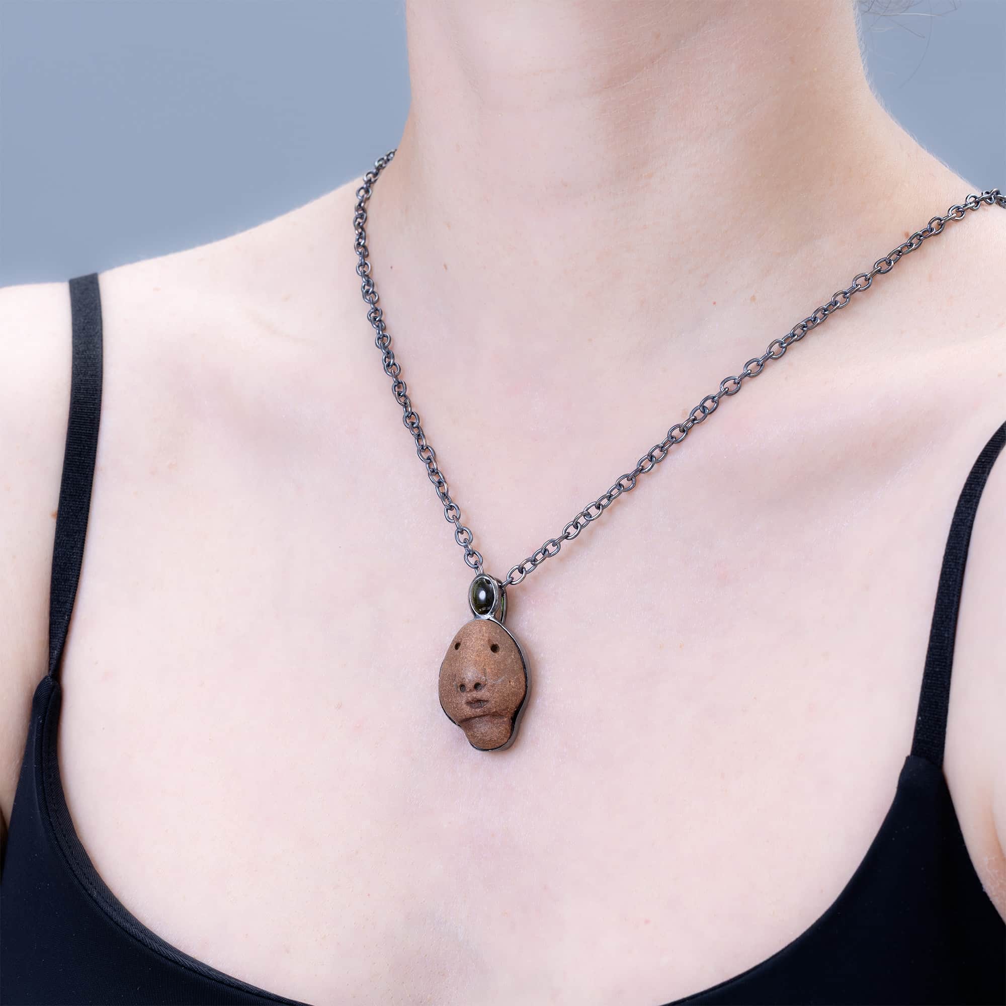 Anima Sterling Silver Pendant with Ancient Mediterranean Limestone Maskette & Green Tourmaline
