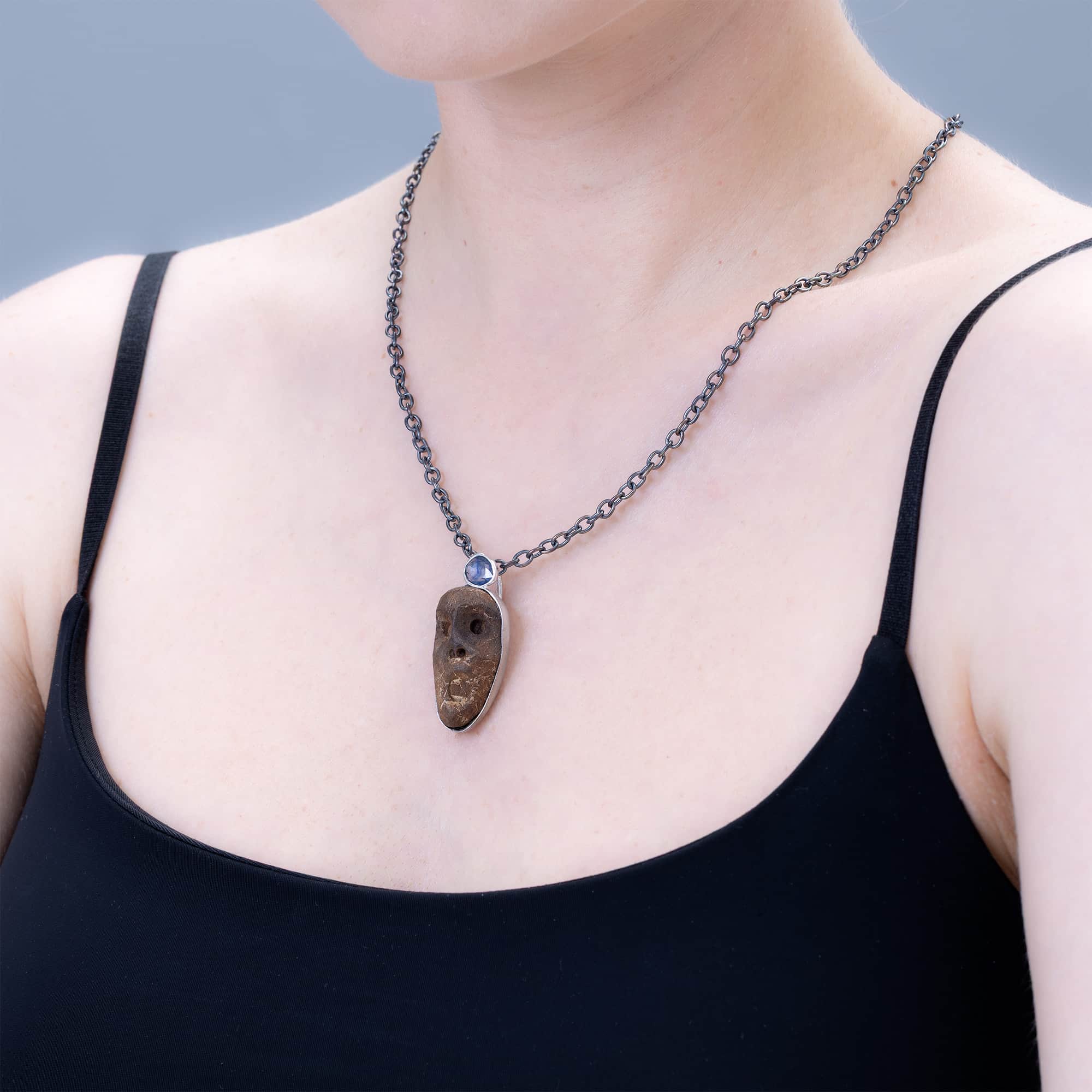 Manes Sterling Silver Pendant with Ancient Mediterranean Limestone Maskette & Natural Blue Sapphire