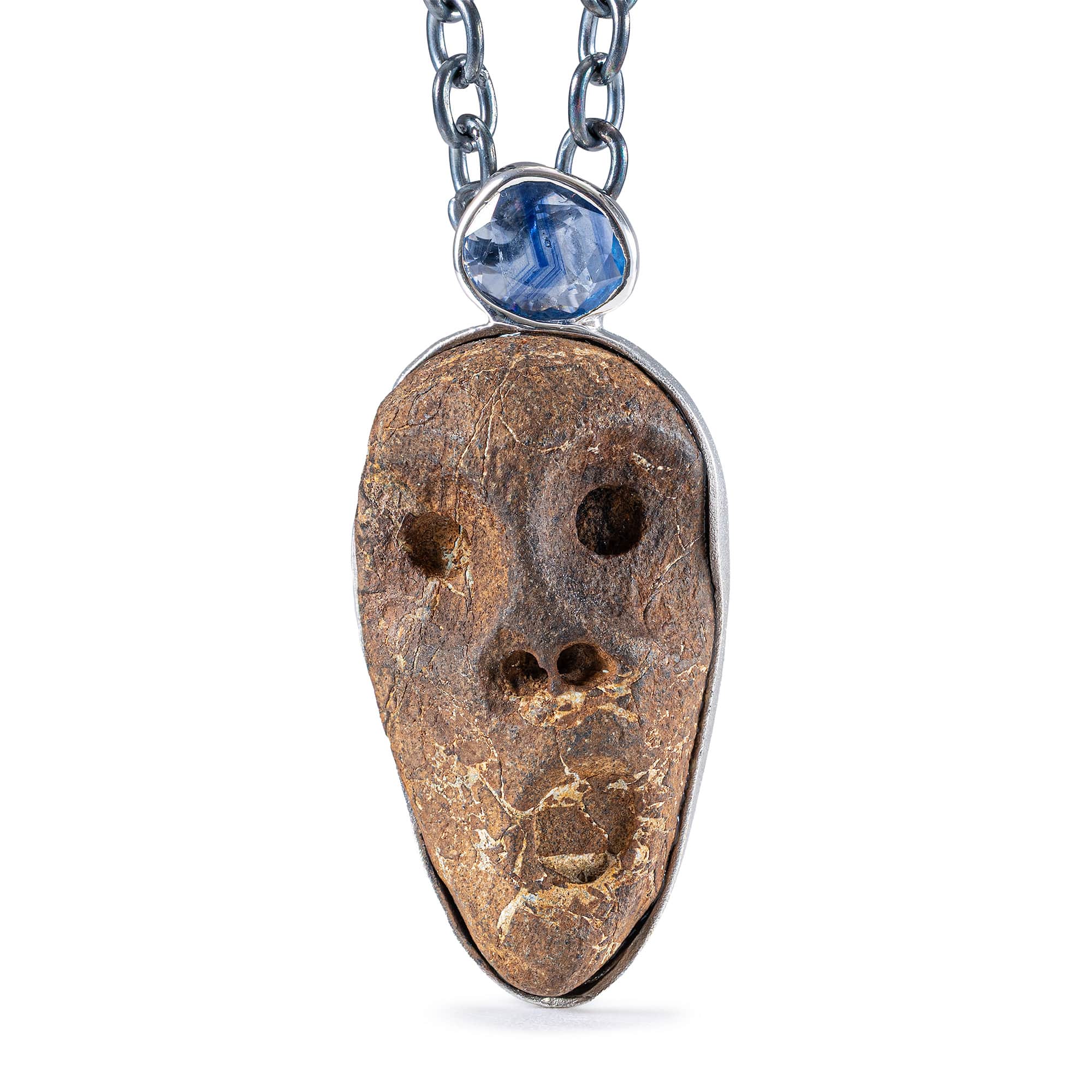 Manes Sterling Silver Pendant with Ancient Mediterranean Limestone Maskette & Natural Blue Sapphire