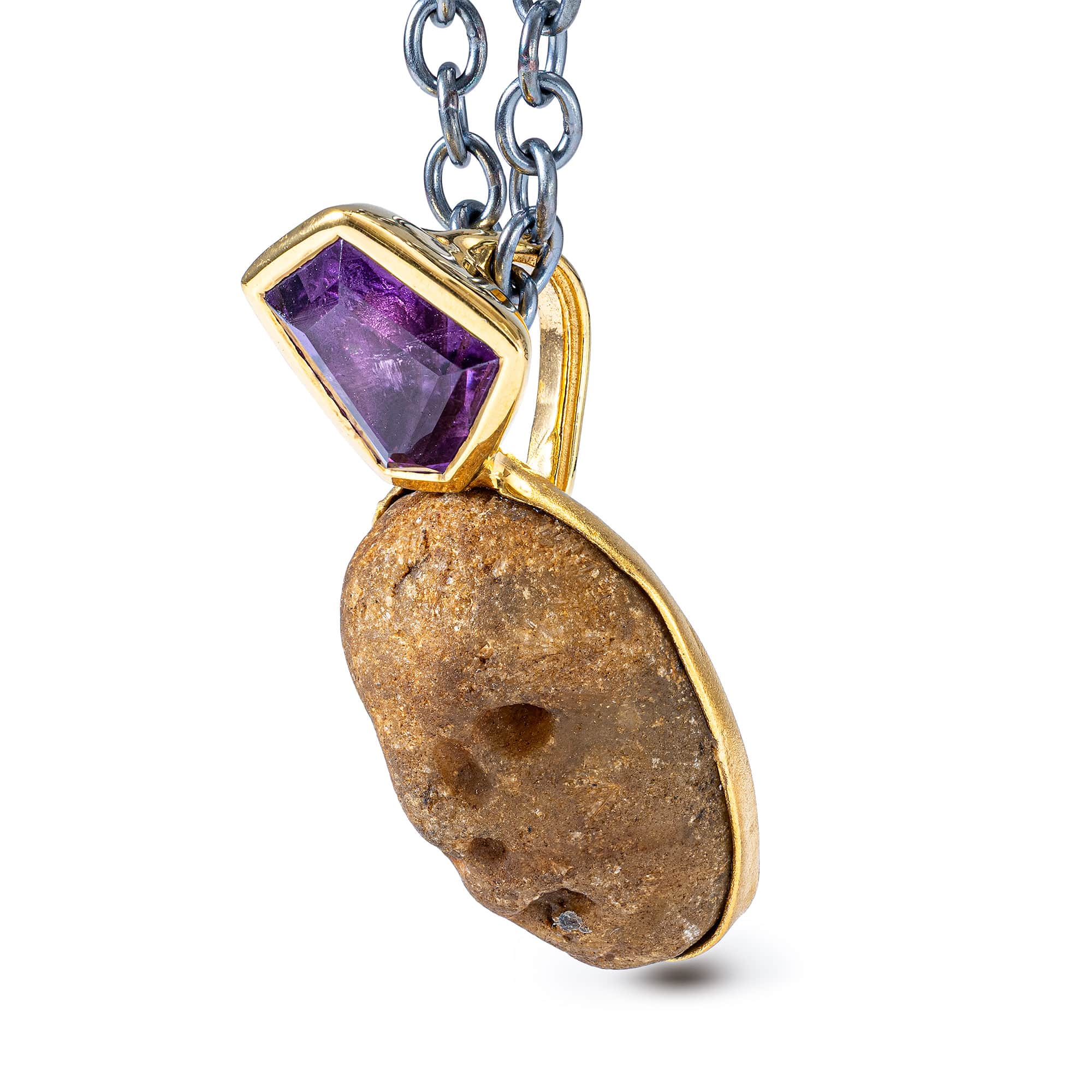 Flora Sterling Silver Pendant with Ancient Mediterranean Limestone Maskette & Fancy Cut Amethyst