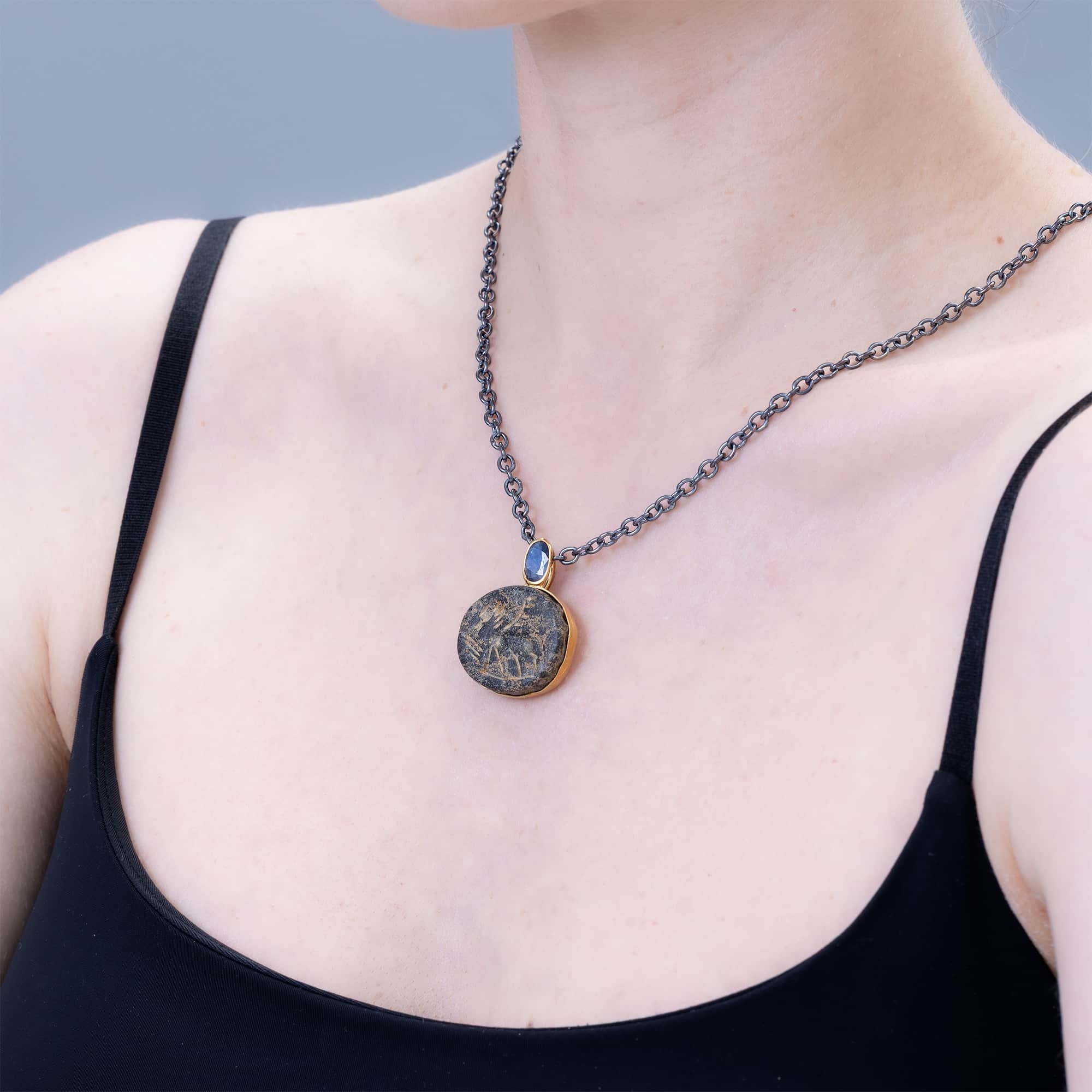 Shedu Silver Necklace with Ancient Near Eastern Steatite Winged Figure Amulet and Natural Sapphire