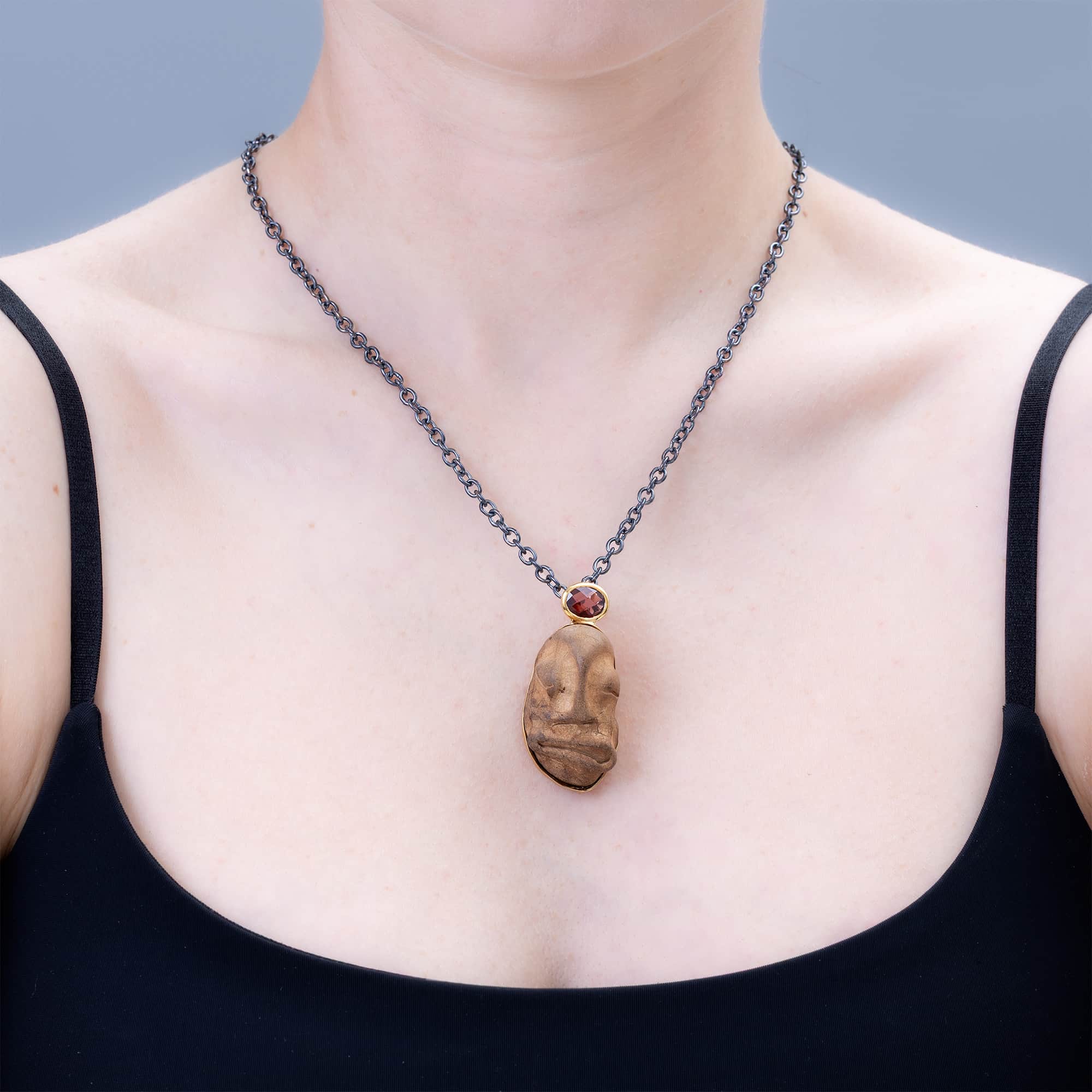 Eirene Sterling Silver Pendant with Ancient Mediterranean Limestone Maskette & Pink Tourmaline