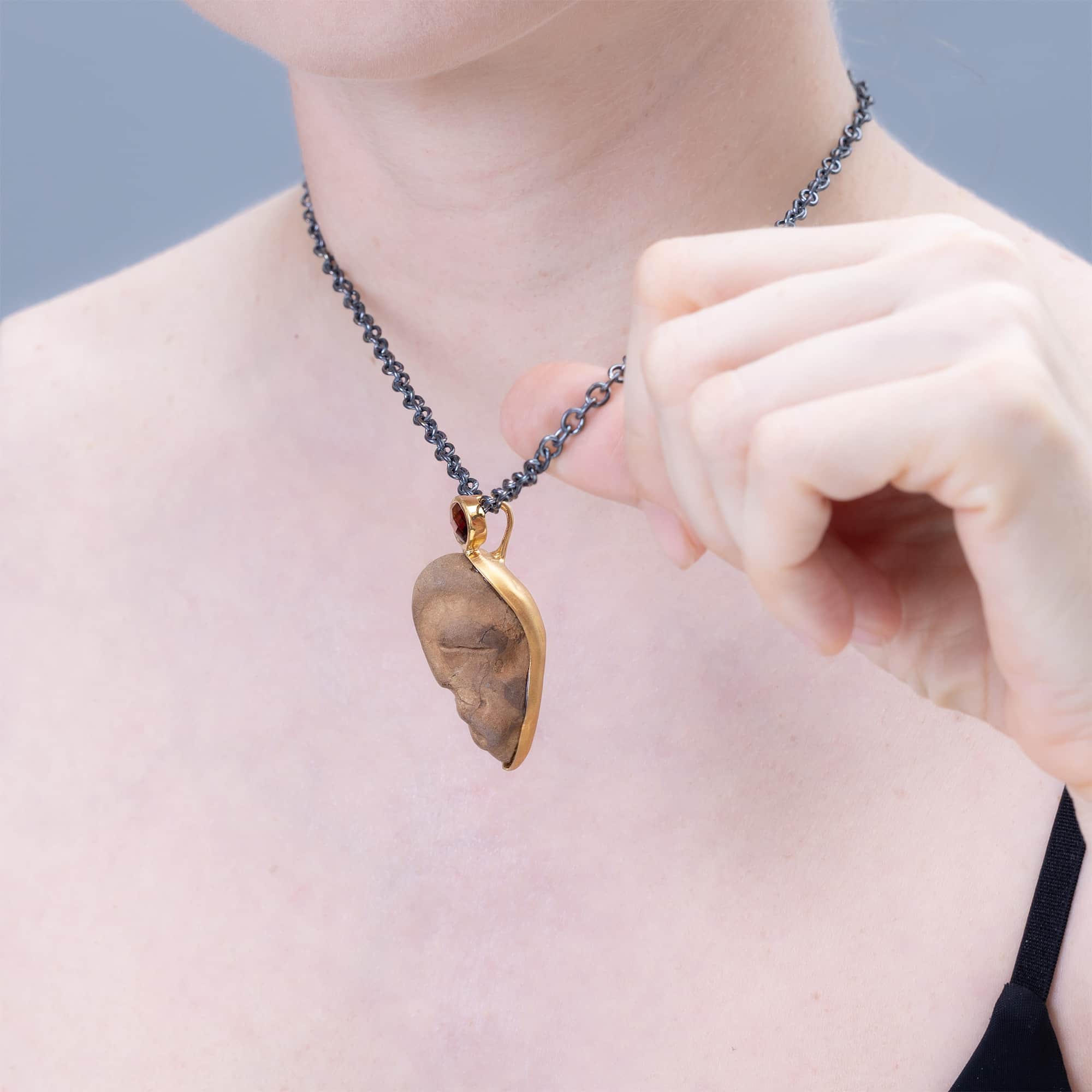 Eirene Sterling Silver Pendant with Ancient Mediterranean Limestone Maskette & Pink Tourmaline