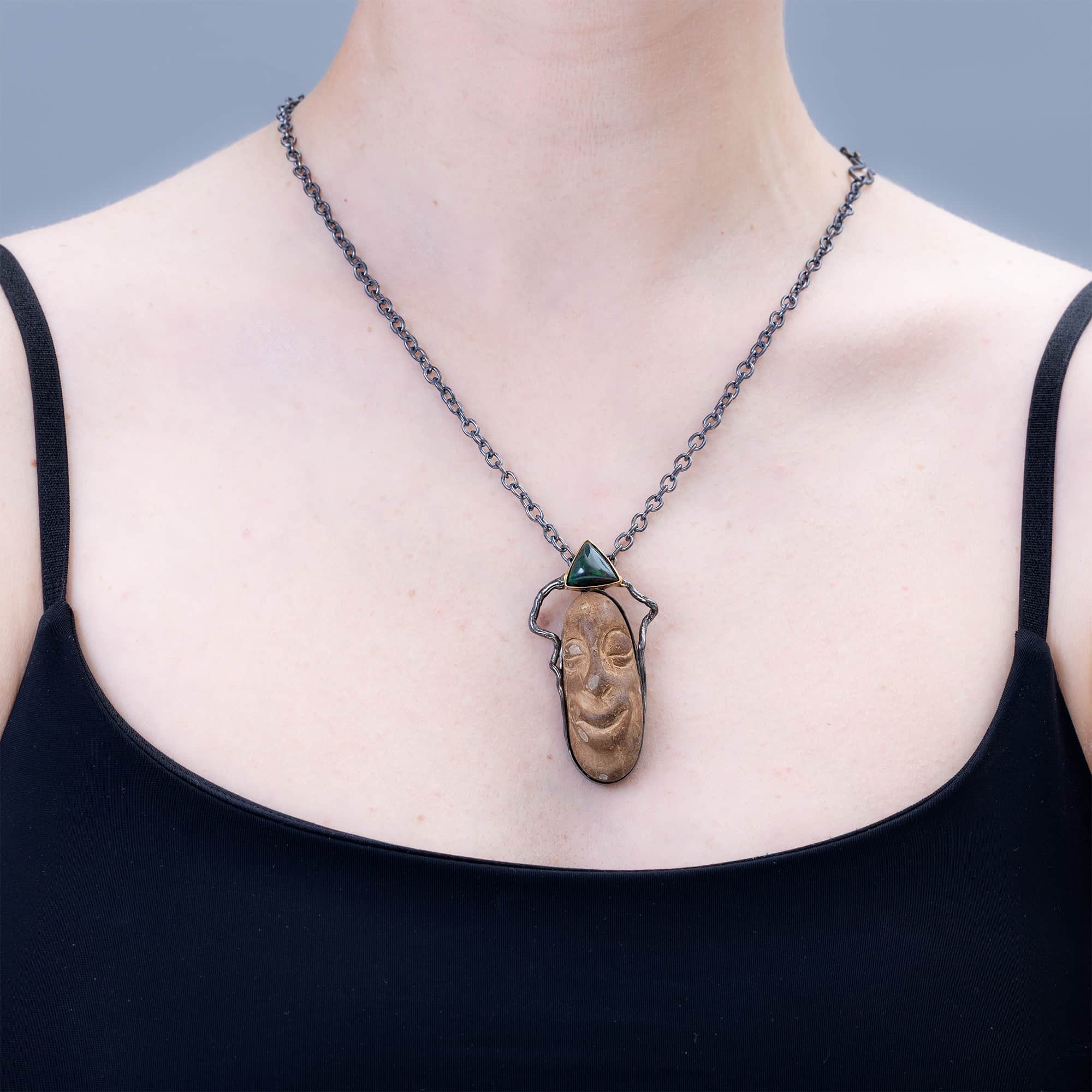 Amica Sterling Silver Pendant with Ancient Mediterranean Stone Maskette & Black Opal