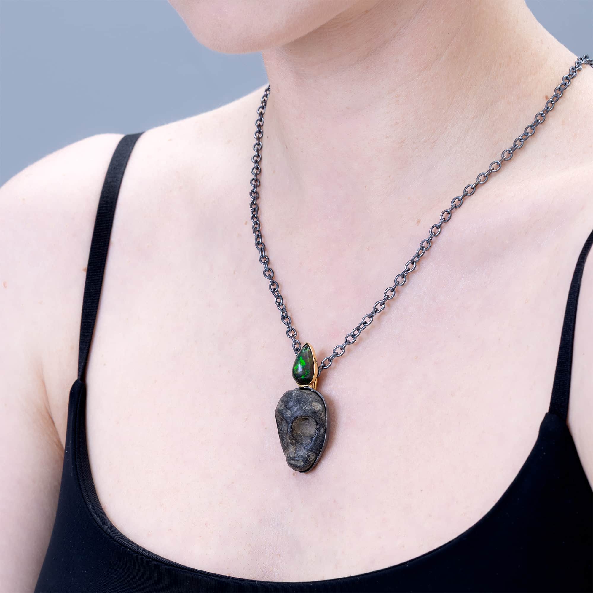 Mormo Sterling Silver Pendant with Ancient Mediterranean Limestone Maskette & Black Opal