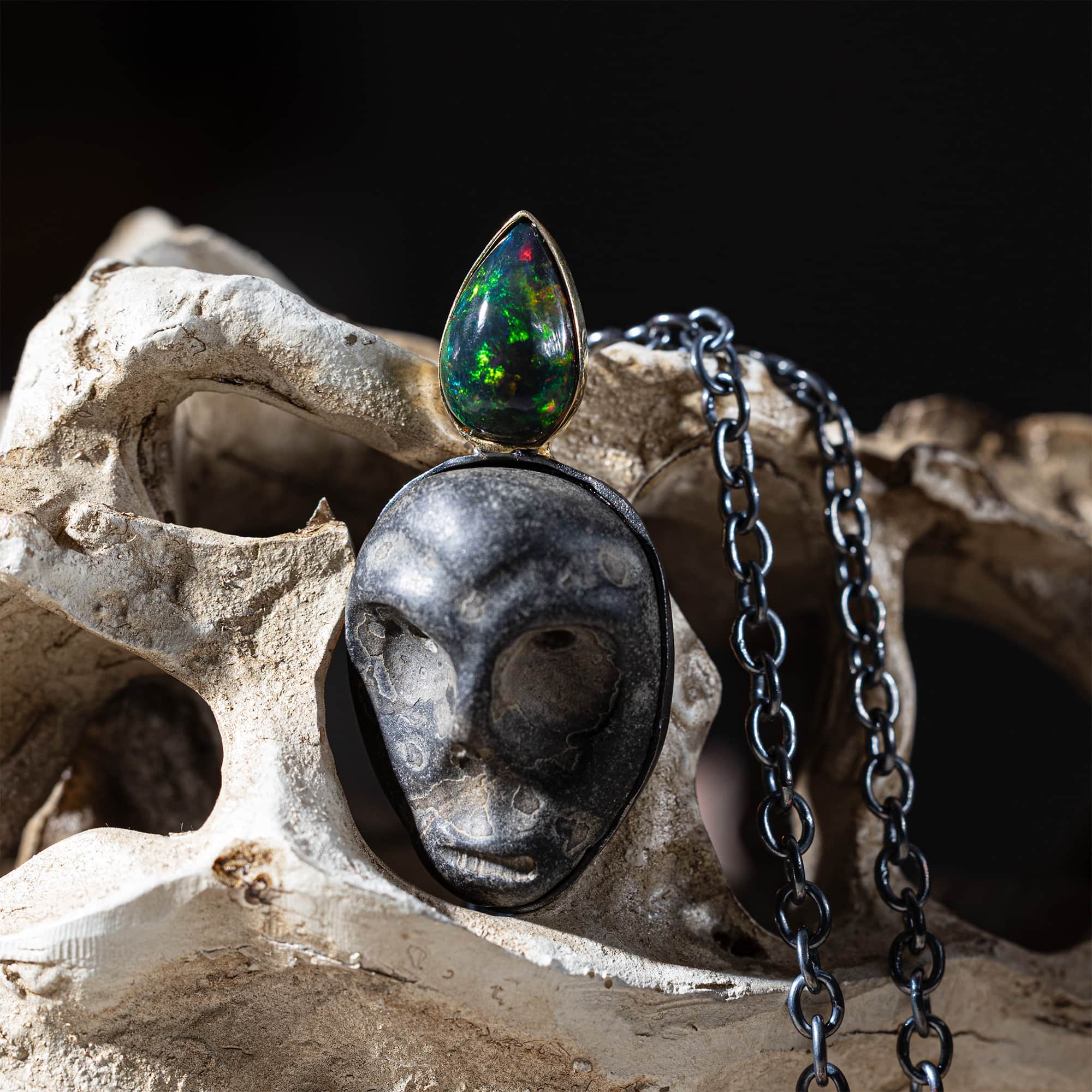 Mormo Sterling Silver Pendant with Ancient Mediterranean Limestone Maskette & Black Opal