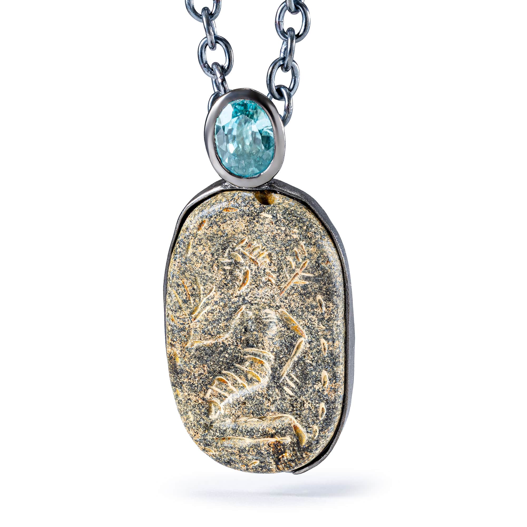 Bel Sterling Silver Pendant with Ancient Neo‑Assyrian Steatite Amulet & Oval Blue Topaz