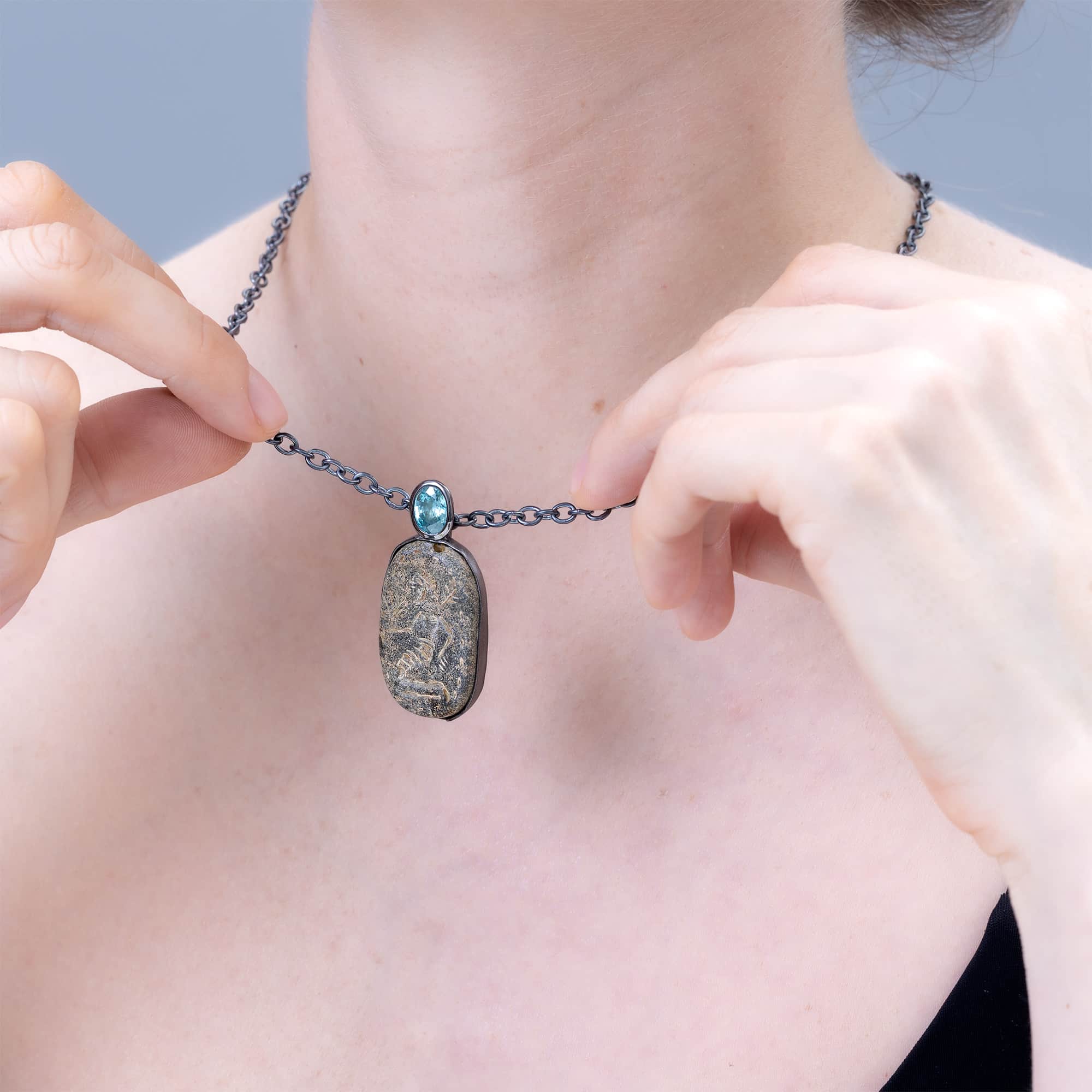 Bel Sterling Silver Pendant with Ancient Neo‑Assyrian Steatite Amulet & Oval Blue Topaz