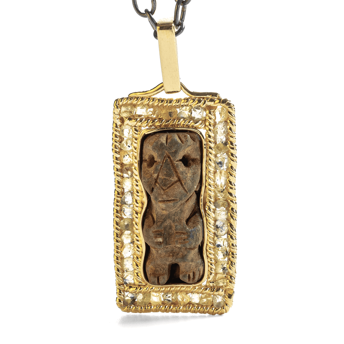 Lahmu Rare Ancient Mesopotamian Human Shaped Silver Amulet Encircled in Yellow Sapphire Frame