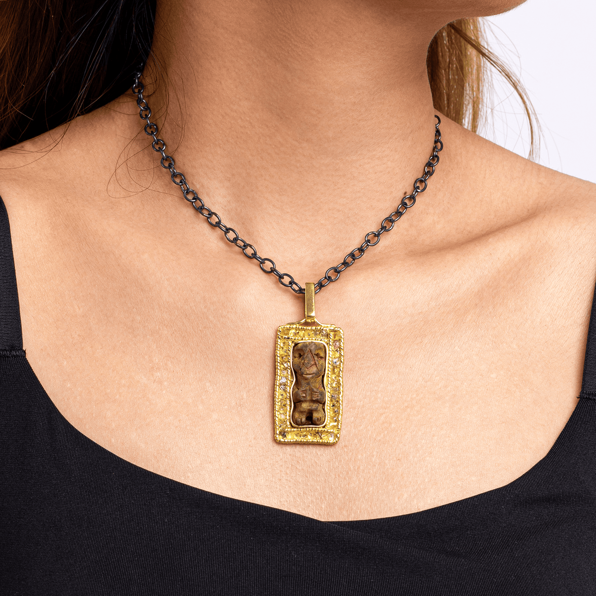 Lahmu Rare Ancient Mesopotamian Human Shaped Silver Amulet Encircled in Yellow Sapphire Frame