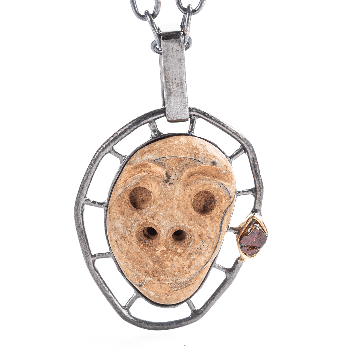 Huwawa Genuine Ancient Mesopotamian Maskette Amulet with Raw Garnet