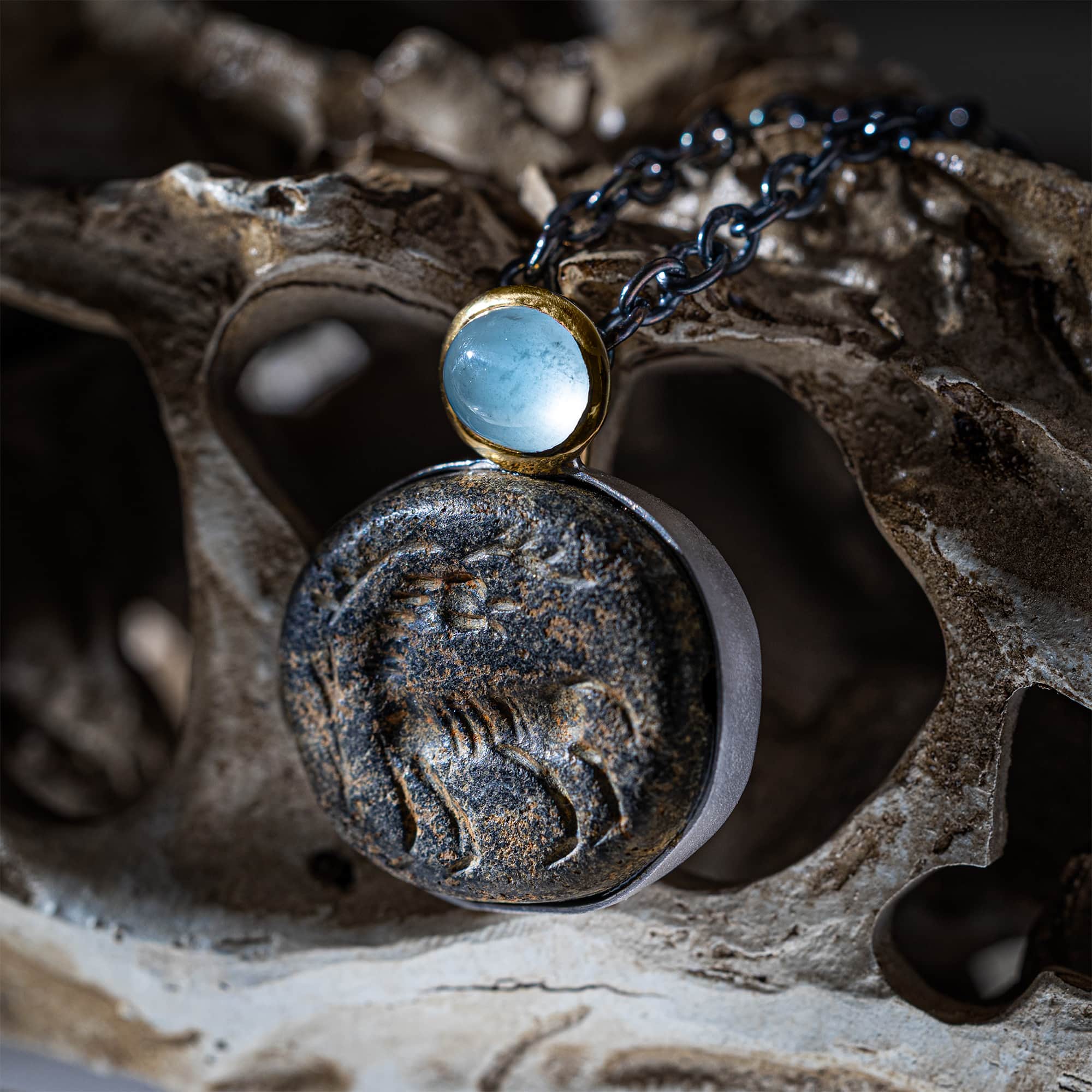 Lilitu Sterling Silver Pendant with Ancient Near Eastern Steatite Zoomorphic Amulet and Natural Aquamarine