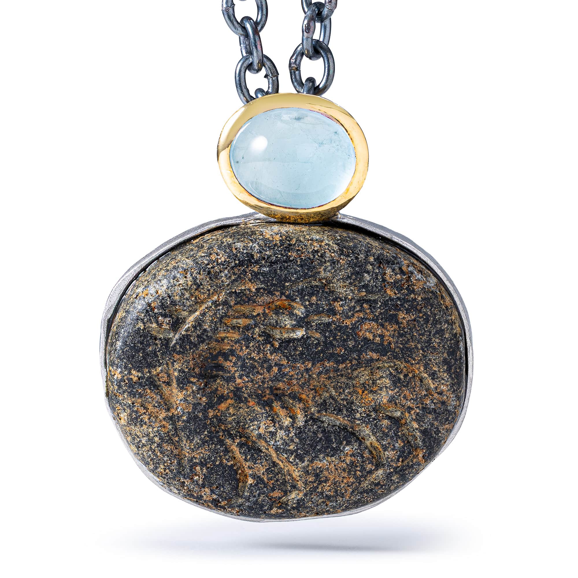 Lilitu Sterling Silver Pendant with Ancient Near Eastern Steatite Zoomorphic Amulet and Natural Aquamarine