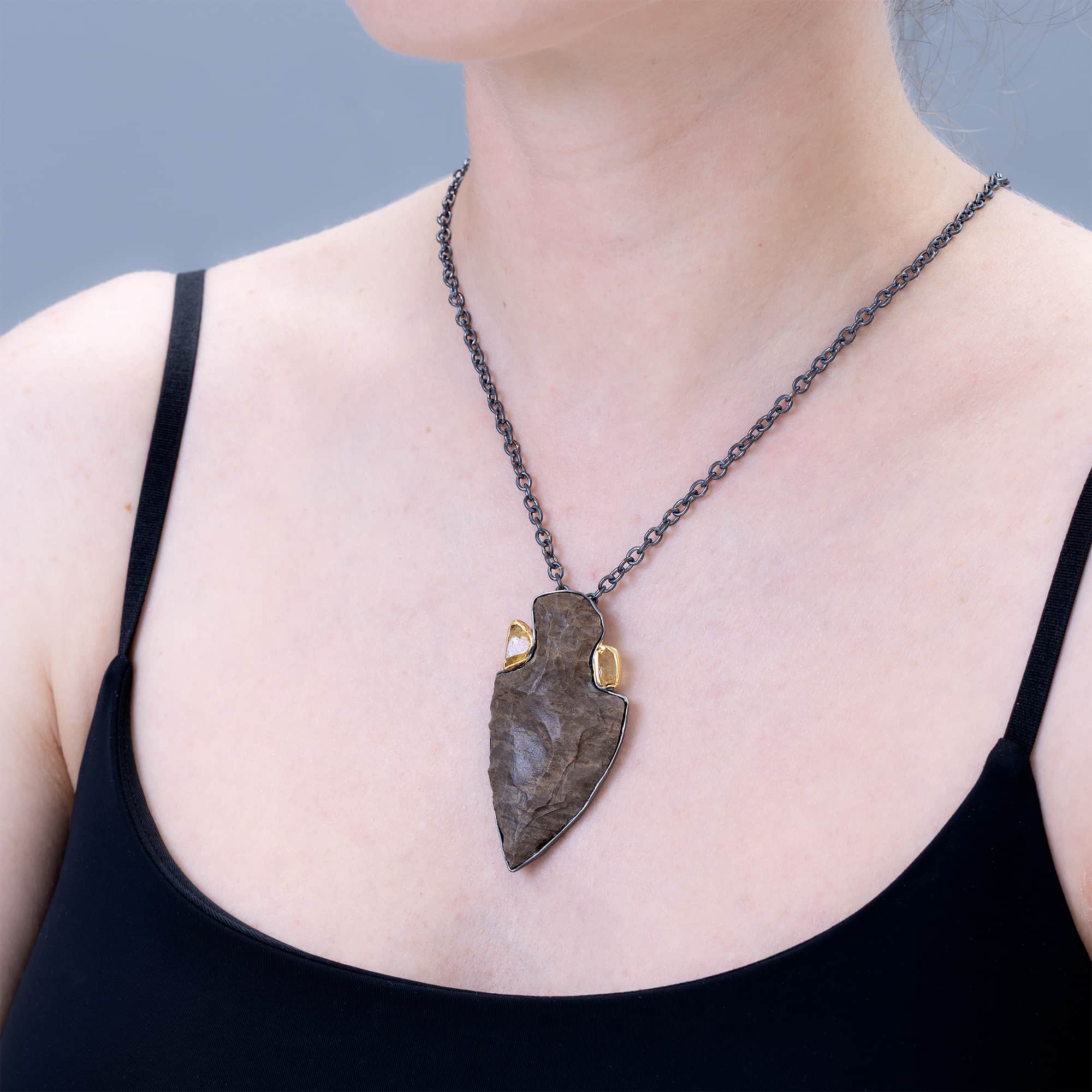 Kestrel Sterling Silver Pendant with Authentic Native American Flint Arrowhead & Raw Yellow Sapphires