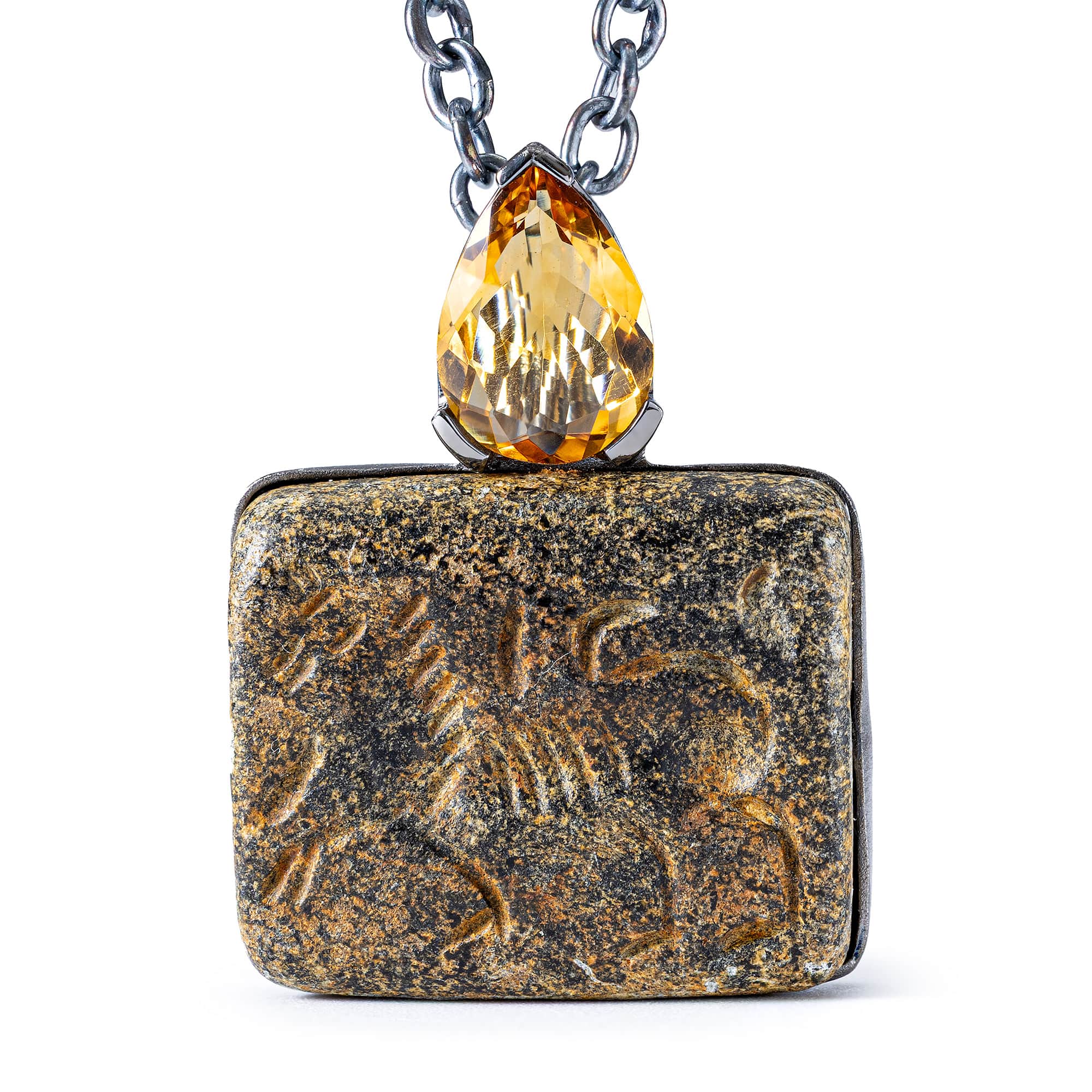 Lamashtu Sterling Silver Pendant with Ancient Near Eastern Steatite Lion Amulet and Natural Citrine Drop