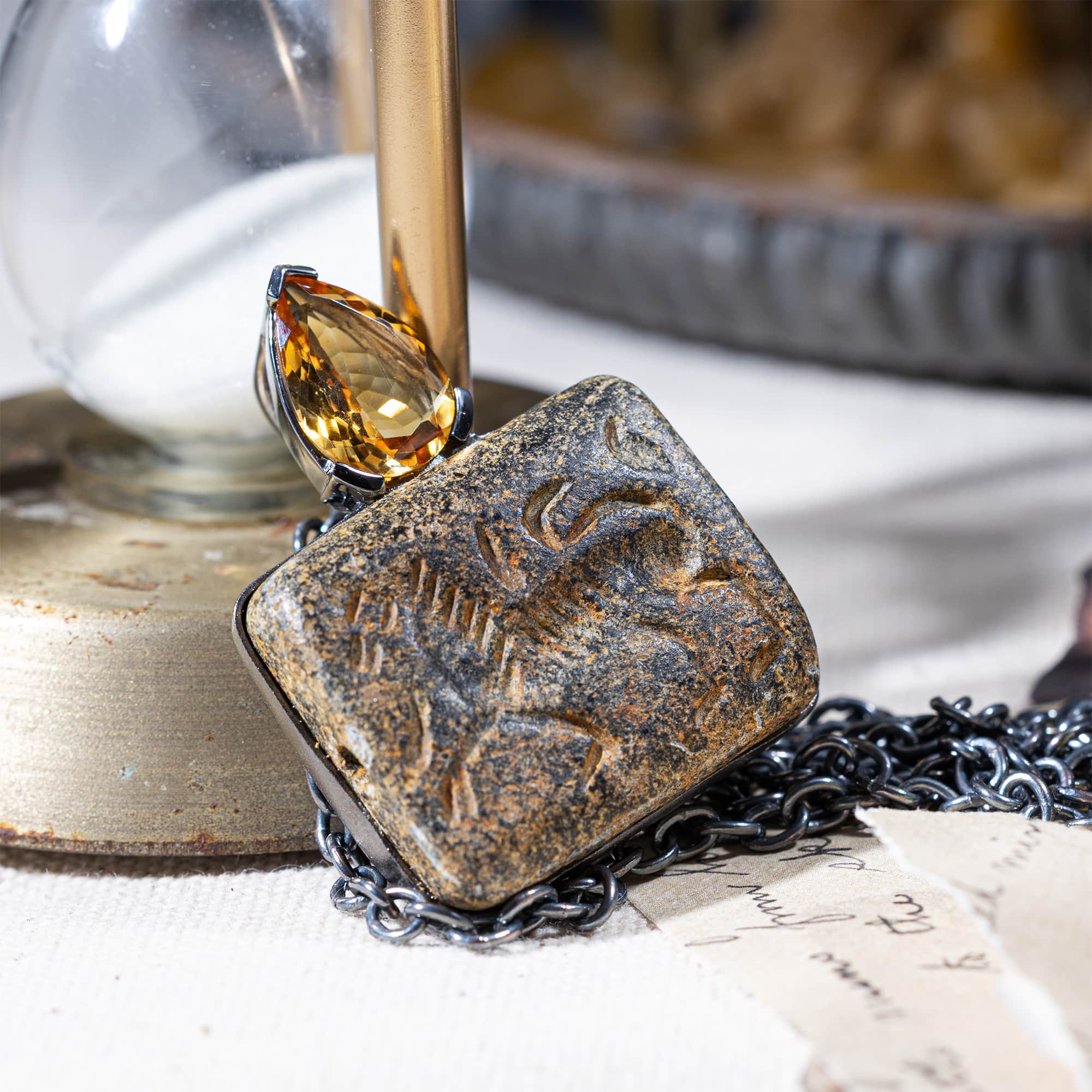Lamashtu Sterling Silver Pendant with Ancient Near Eastern Steatite Lion Amulet and Natural Citrine Drop