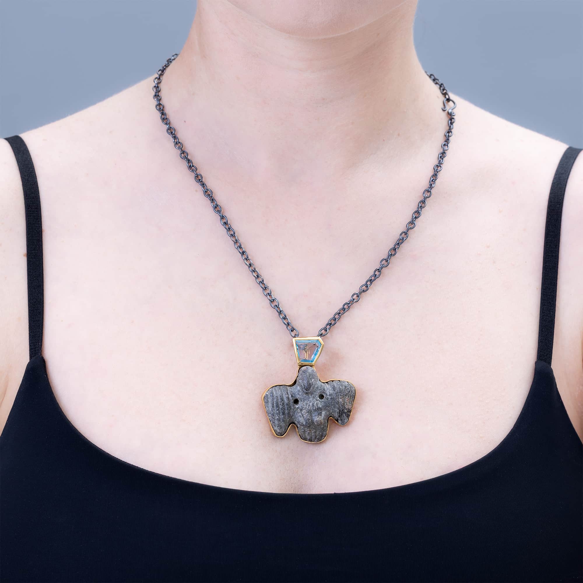 Nekhbet Sterling Silver Pendant with Ancient Egyptian Vulture Figurine Late Ptolemaic & Blue Topaz