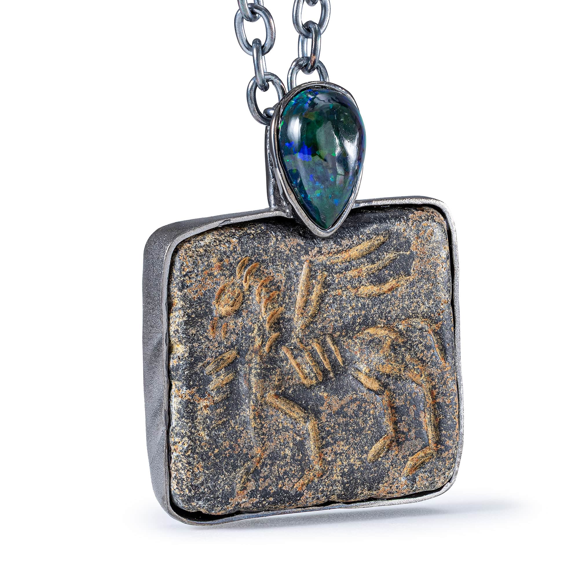 Ugallu Sterling Silver Pendant with Ancient Near Eastern Steatite Winged Lion Amulet and Black Opal