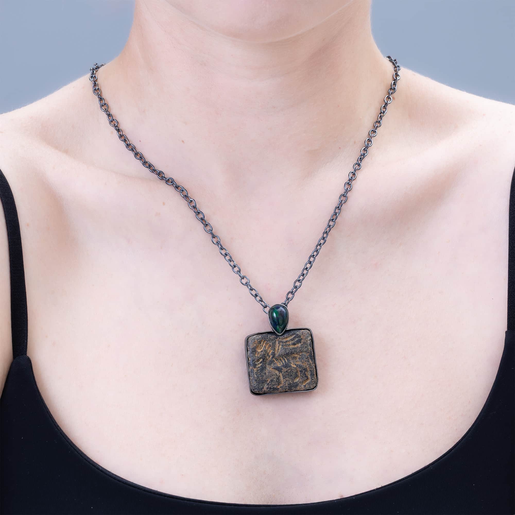 Ugallu Sterling Silver Pendant with Ancient Near Eastern Steatite Winged Lion Amulet and Black Opal
