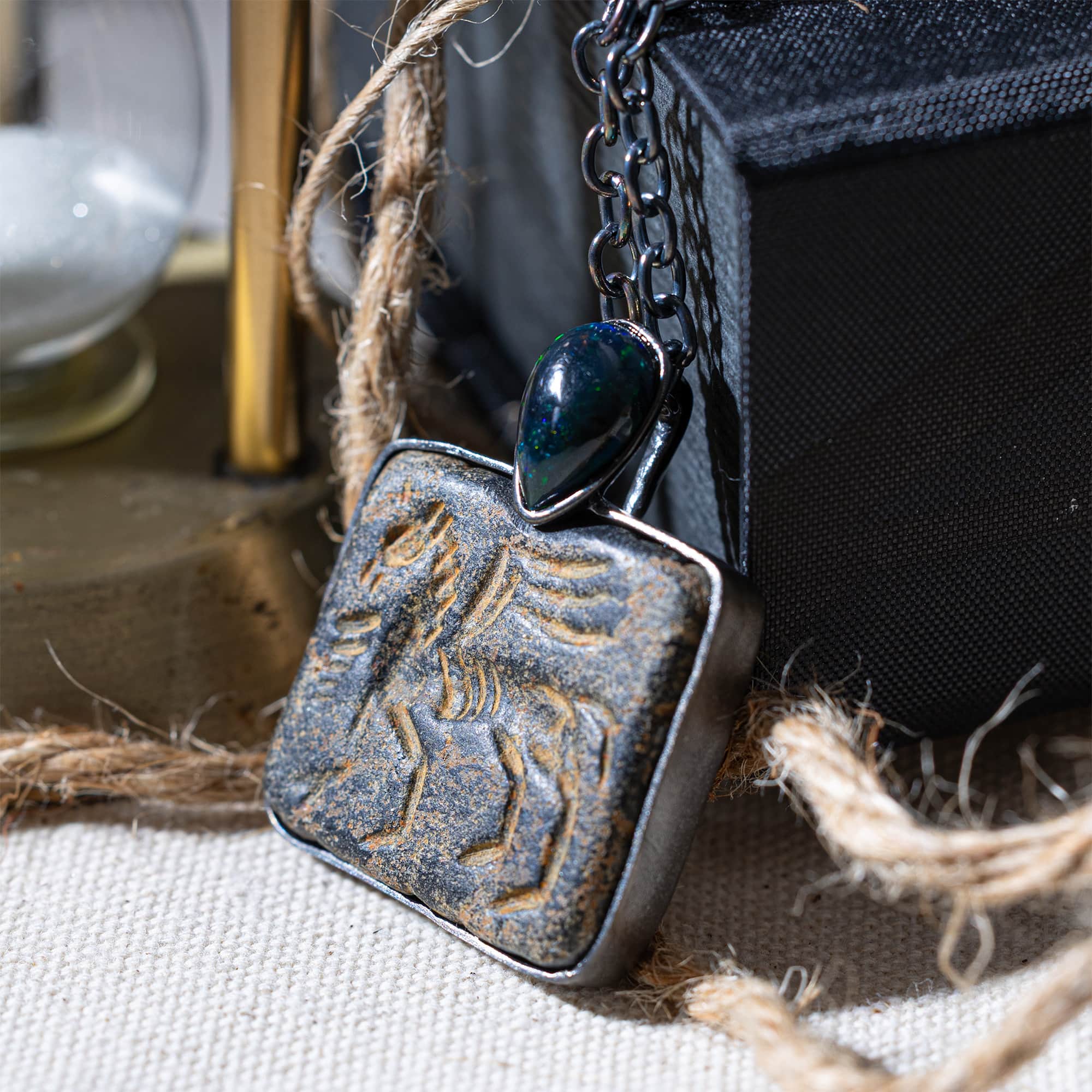 Ugallu Sterling Silver Pendant with Ancient Near Eastern Steatite Winged Lion Amulet and Black Opal