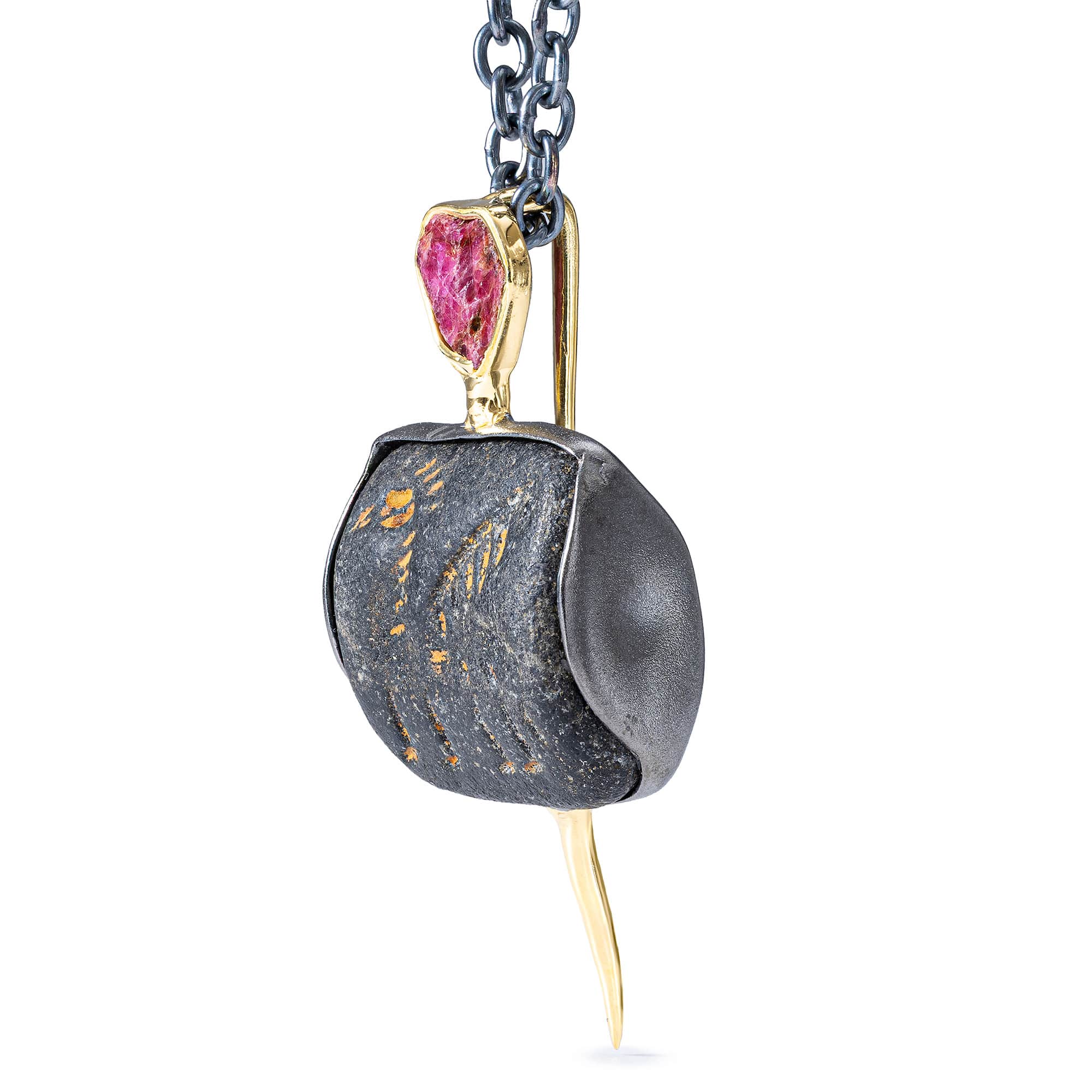 Ur Sterling Silver Pendant with Ancient Neo-Sumerian Steatite Stamp Seal & Rough Ruby