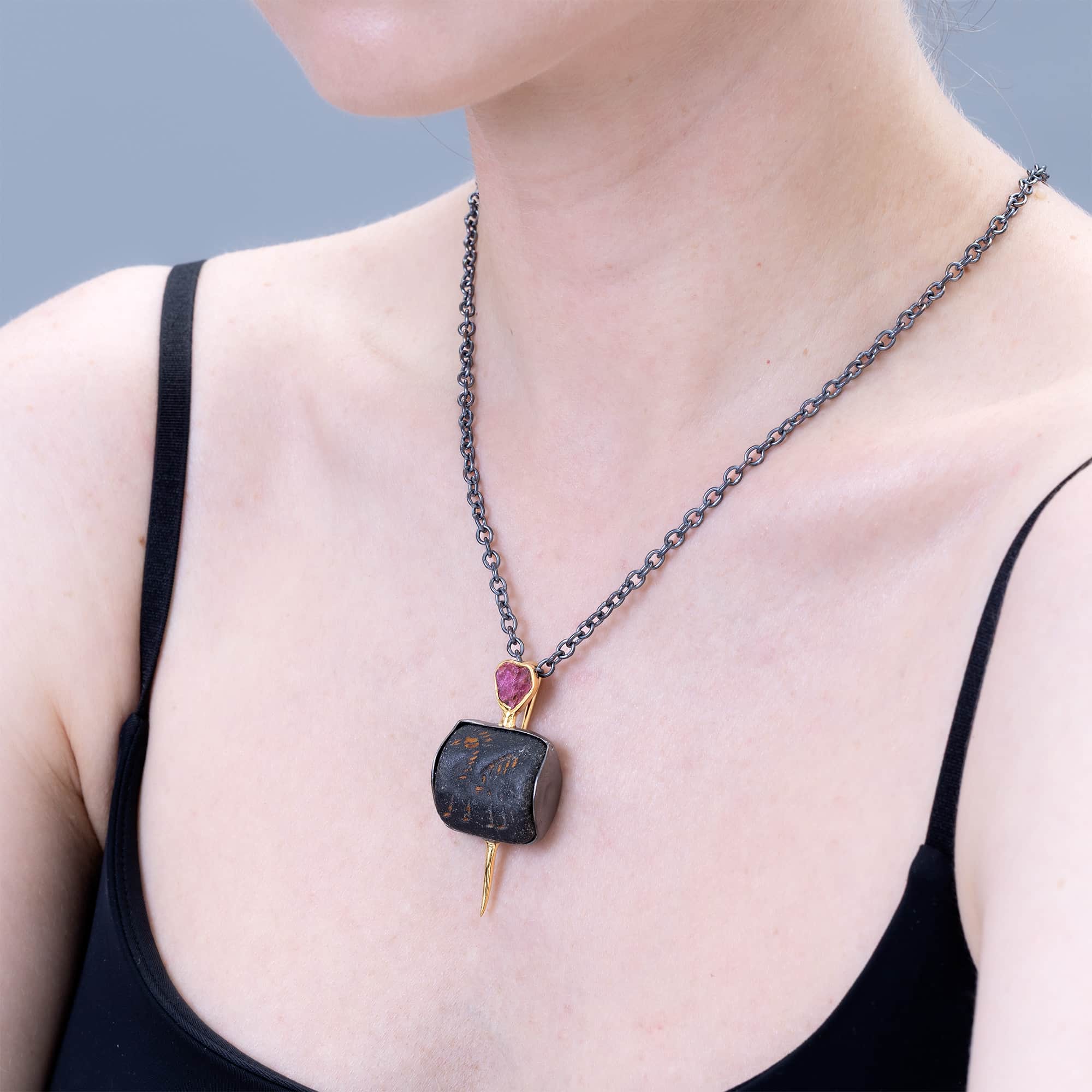 Ur Sterling Silver Pendant with Ancient Neo-Sumerian Steatite Stamp Seal & Rough Ruby