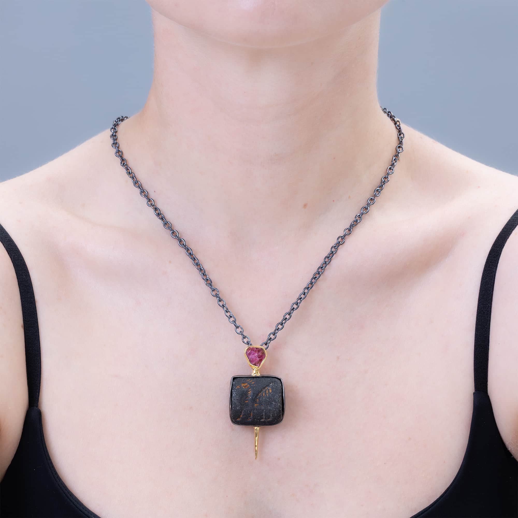 Ur Sterling Silver Pendant with Ancient Neo-Sumerian Steatite Stamp Seal & Rough Ruby