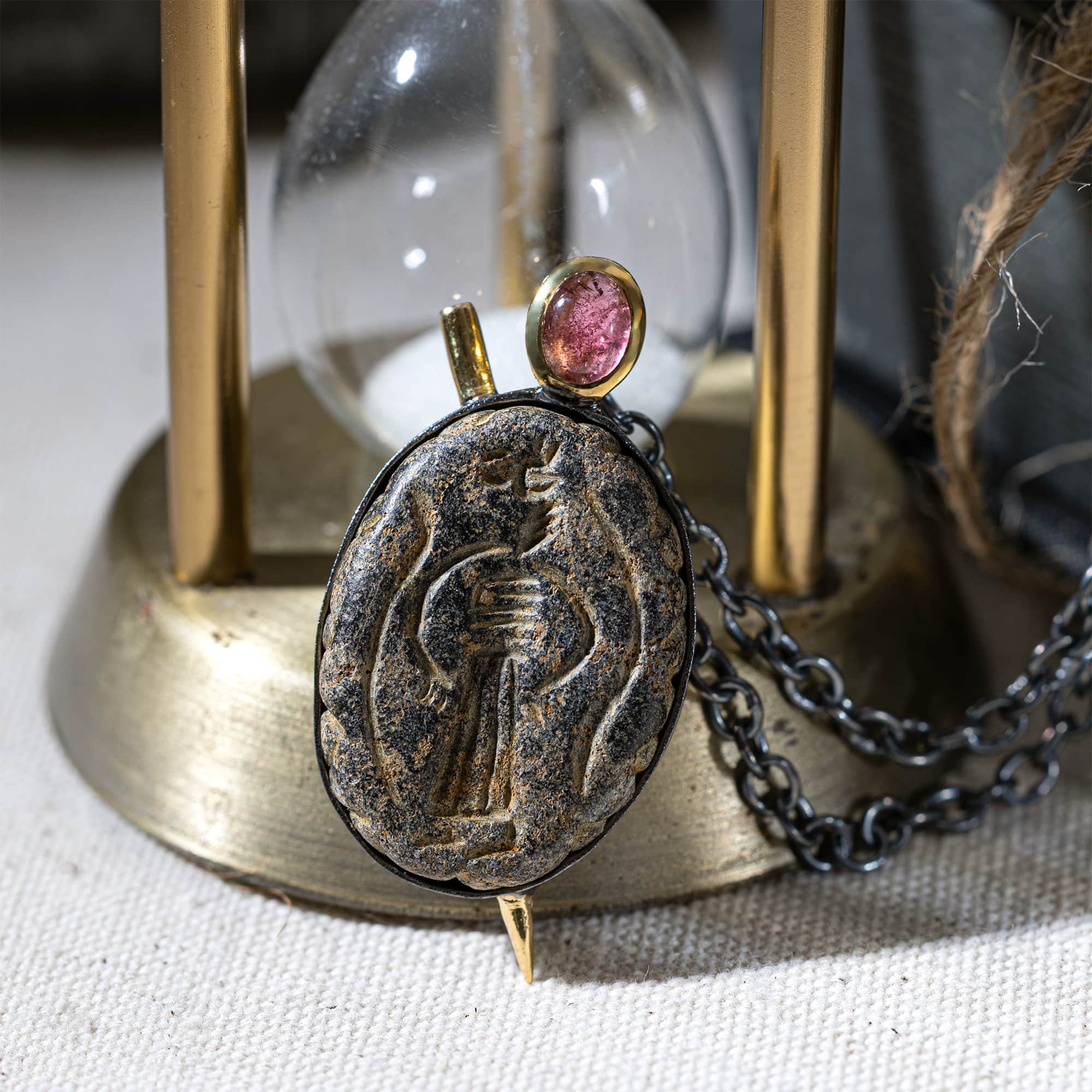 Nergal Sterling Silver Pendant with Ancient Near Eastern Stone Amulet and Natural Pink Tourmaline