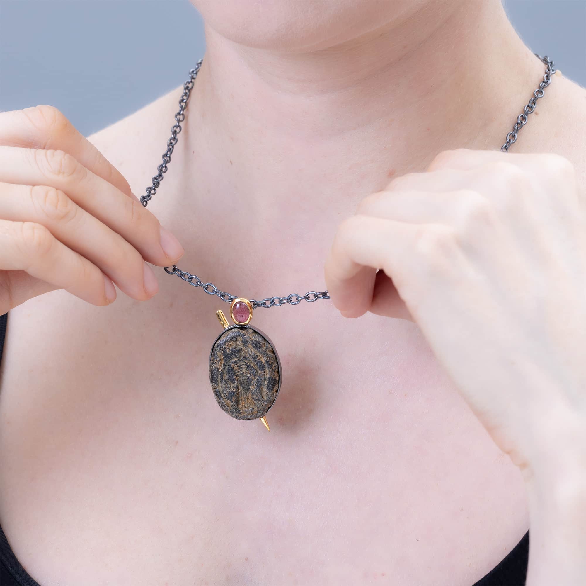 Nergal Sterling Silver Pendant with Ancient Near Eastern Stone Amulet and Natural Pink Tourmaline