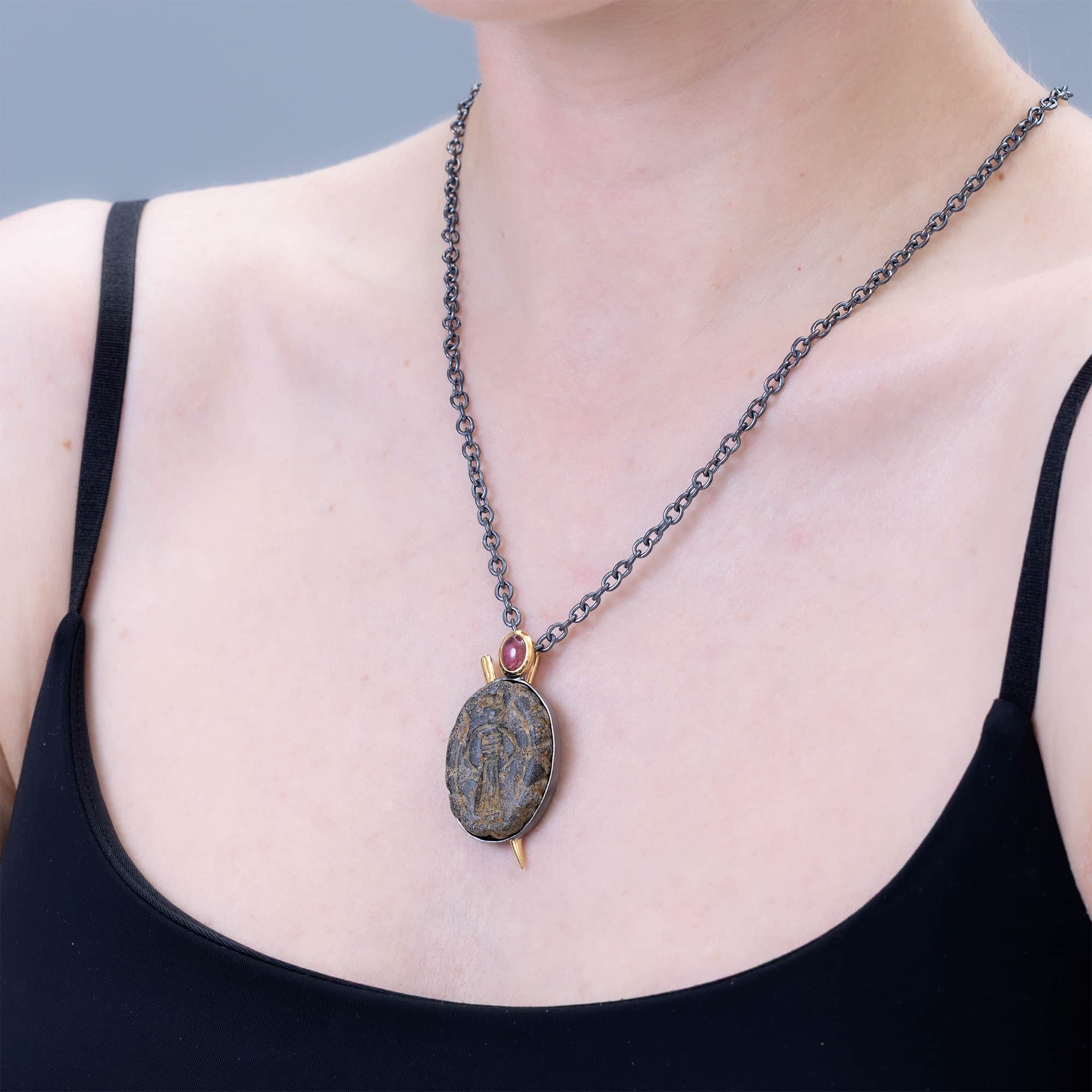 Nergal Sterling Silver Pendant with Ancient Near Eastern Stone Amulet and Natural Pink Tourmaline