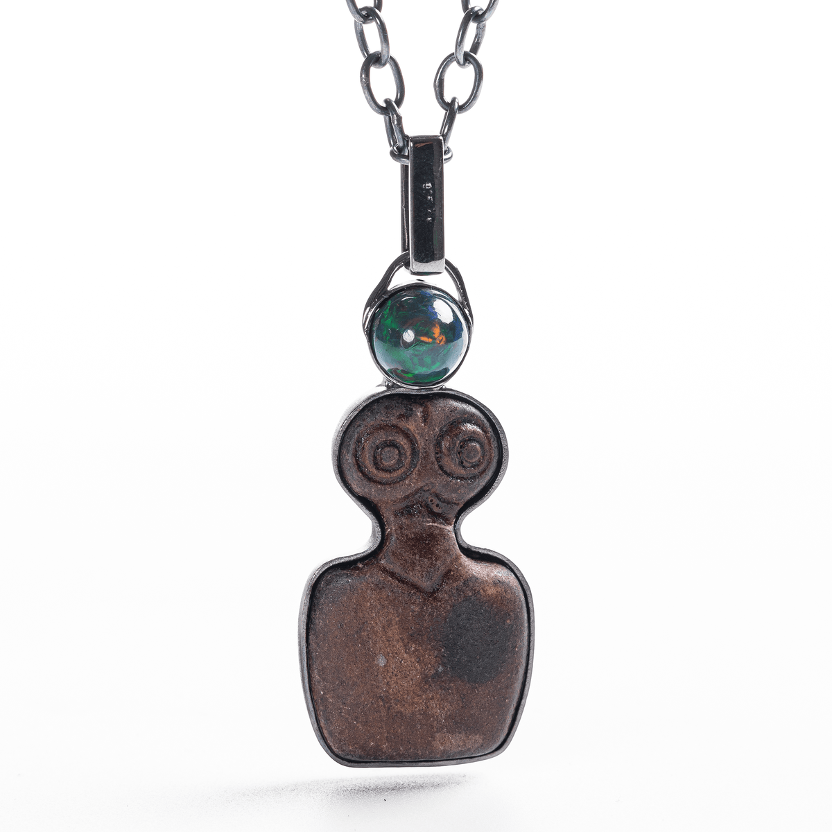 Glaux Ancient Owl Shaped Mesopotamian Artifact Pendant with Natural Green Opal
