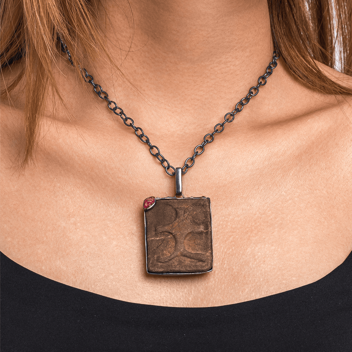 Xylon Authentic Ancient Mesopotamian Amulet Pendant with Natural Raw Ruby