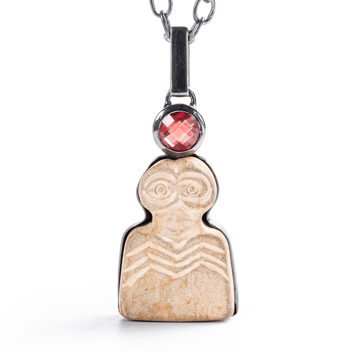 Strix Ancient Owl Shaped Artifact Pendant with Natural Rhodolite Garnet