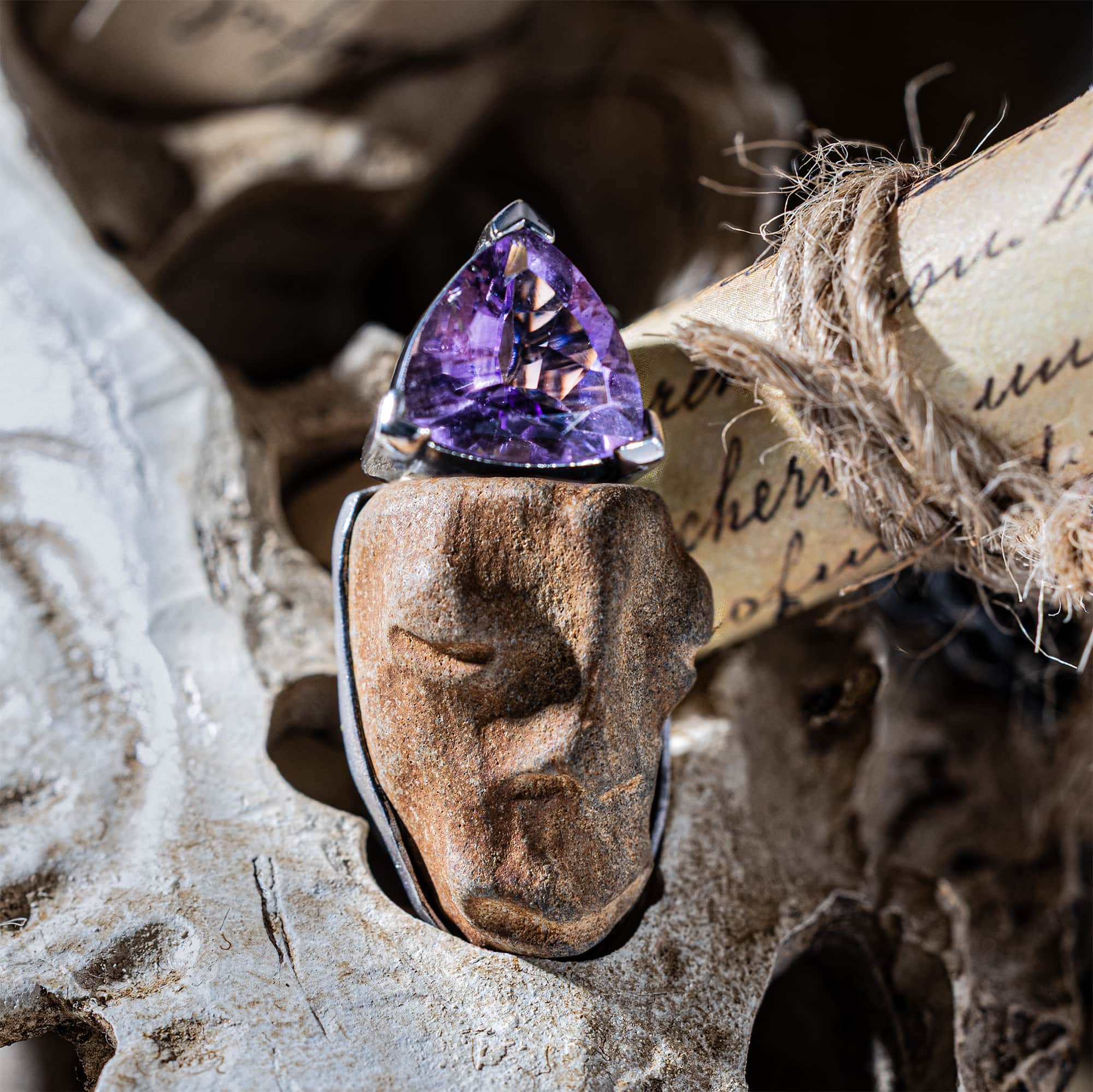 Tanit Sterling Silver Pendant with Ancient Mediterranean Limestone Maskette & Trillion Amethyst