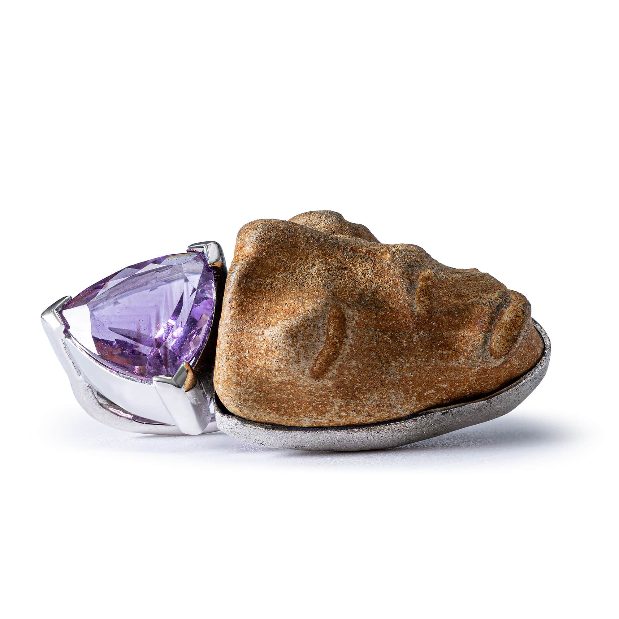 Tanit Sterling Silver Pendant with Ancient Mediterranean Limestone Maskette & Trillion Amethyst