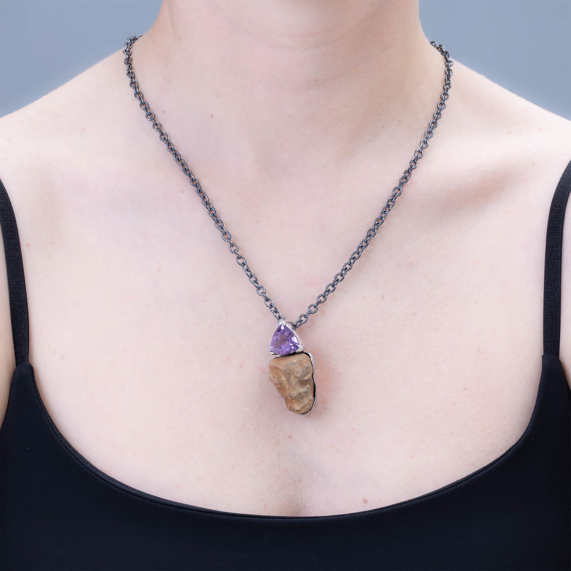 Tanit Sterling Silver Pendant with Ancient Mediterranean Limestone Maskette & Trillion Amethyst