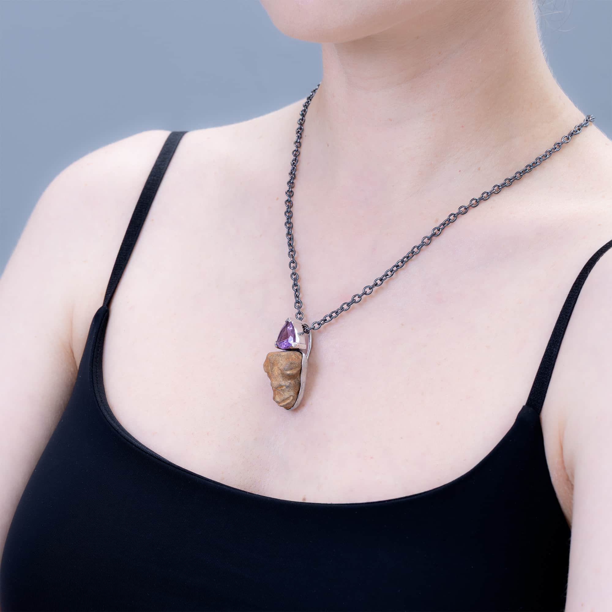 Tanit Sterling Silver Pendant with Ancient Mediterranean Limestone Maskette & Trillion Amethyst