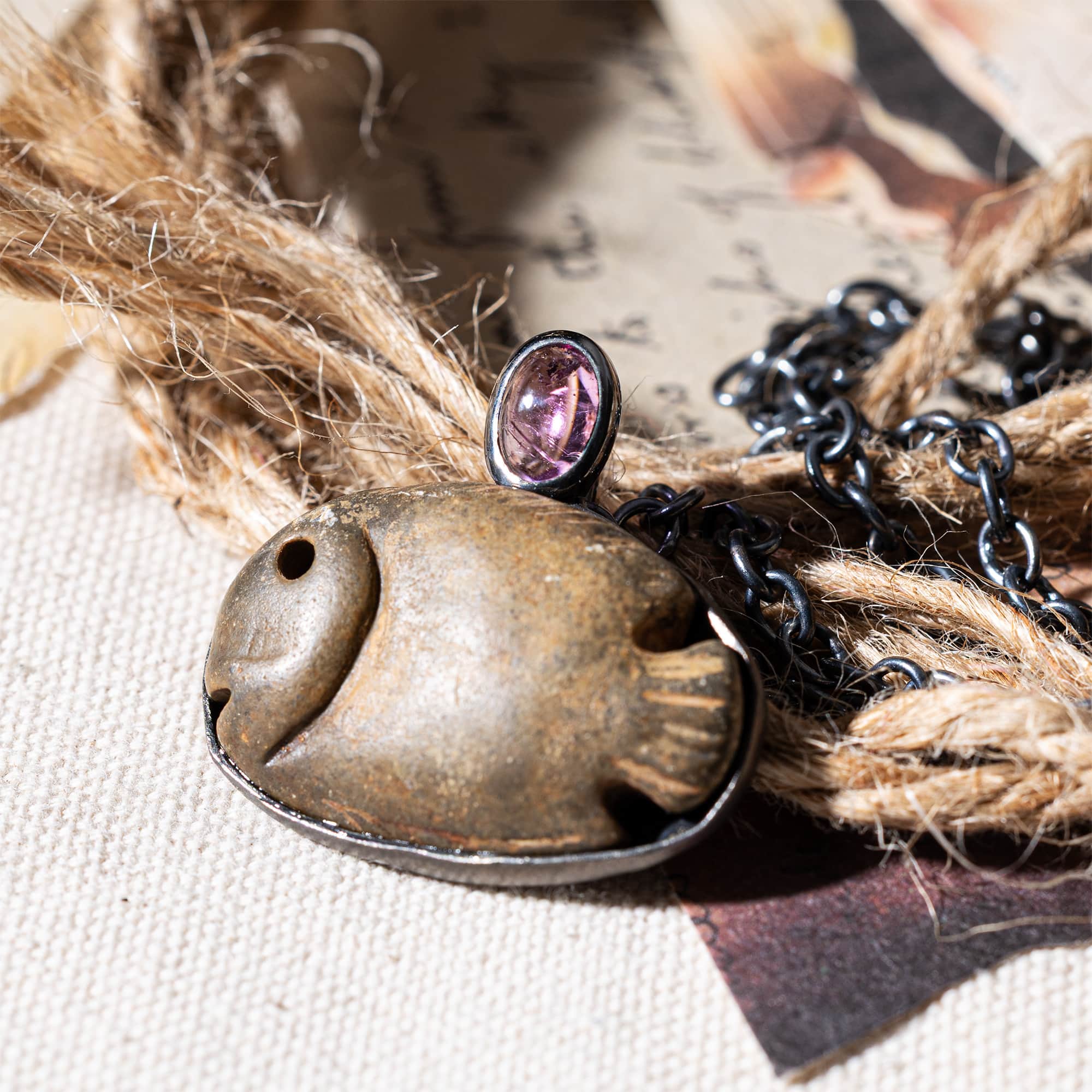 Abdju Sterling Silver Pendant with Ancient Egyptian Stone Fish Amulet & Pink Tourmaline