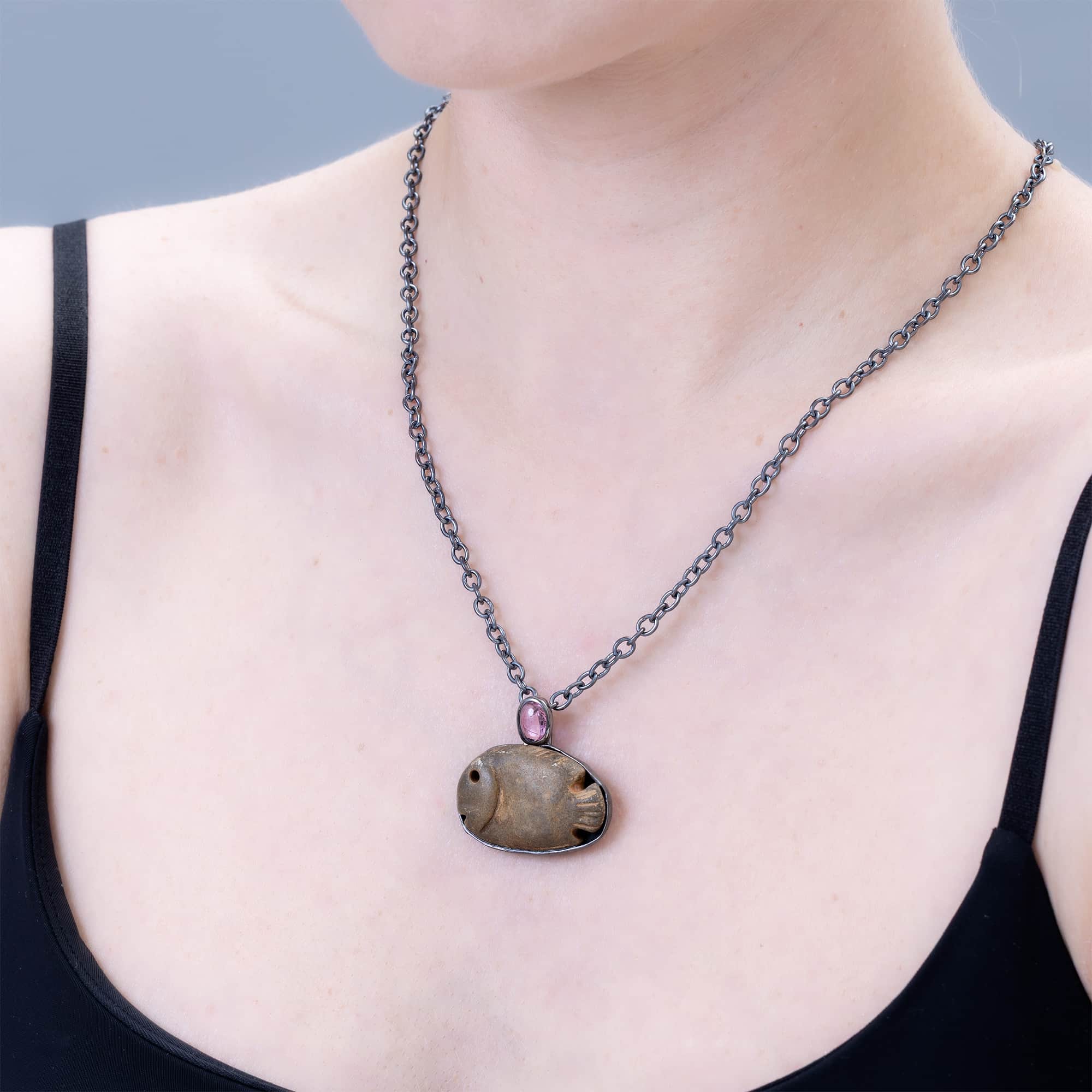 Abdju Sterling Silver Pendant with Ancient Egyptian Stone Fish Amulet & Pink Tourmaline