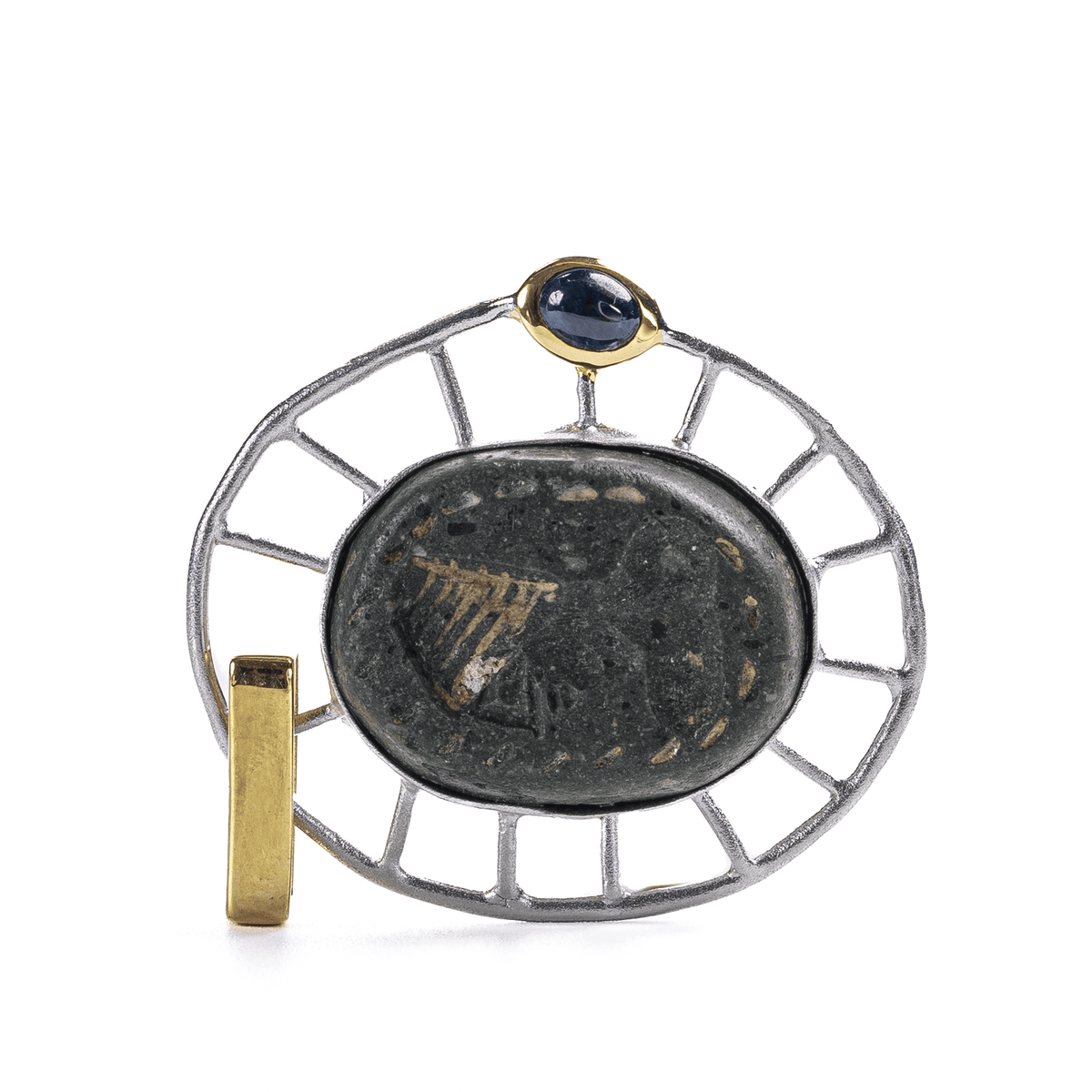 Uri Ancient Mesopotamian Protection Amulet Silver Pendant with Oval Cut Blue Sapphire
