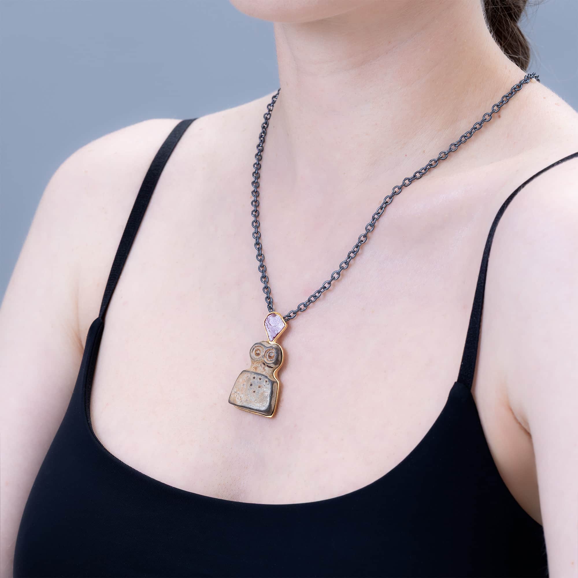 Brak Sterling Silver Pendant with Ancient Chalcolithic Eye Idol & Natural Rough Ruby