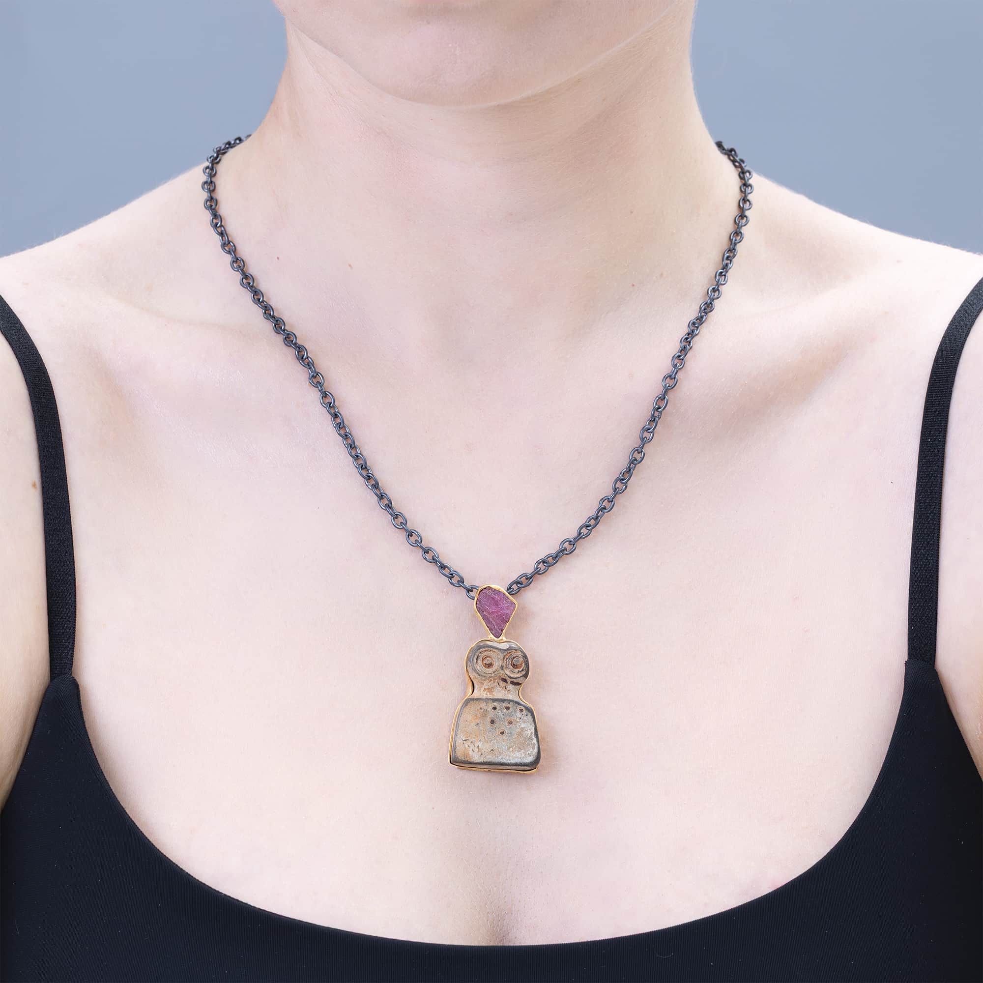 Brak Sterling Silver Pendant with Ancient Chalcolithic Eye Idol & Natural Rough Ruby