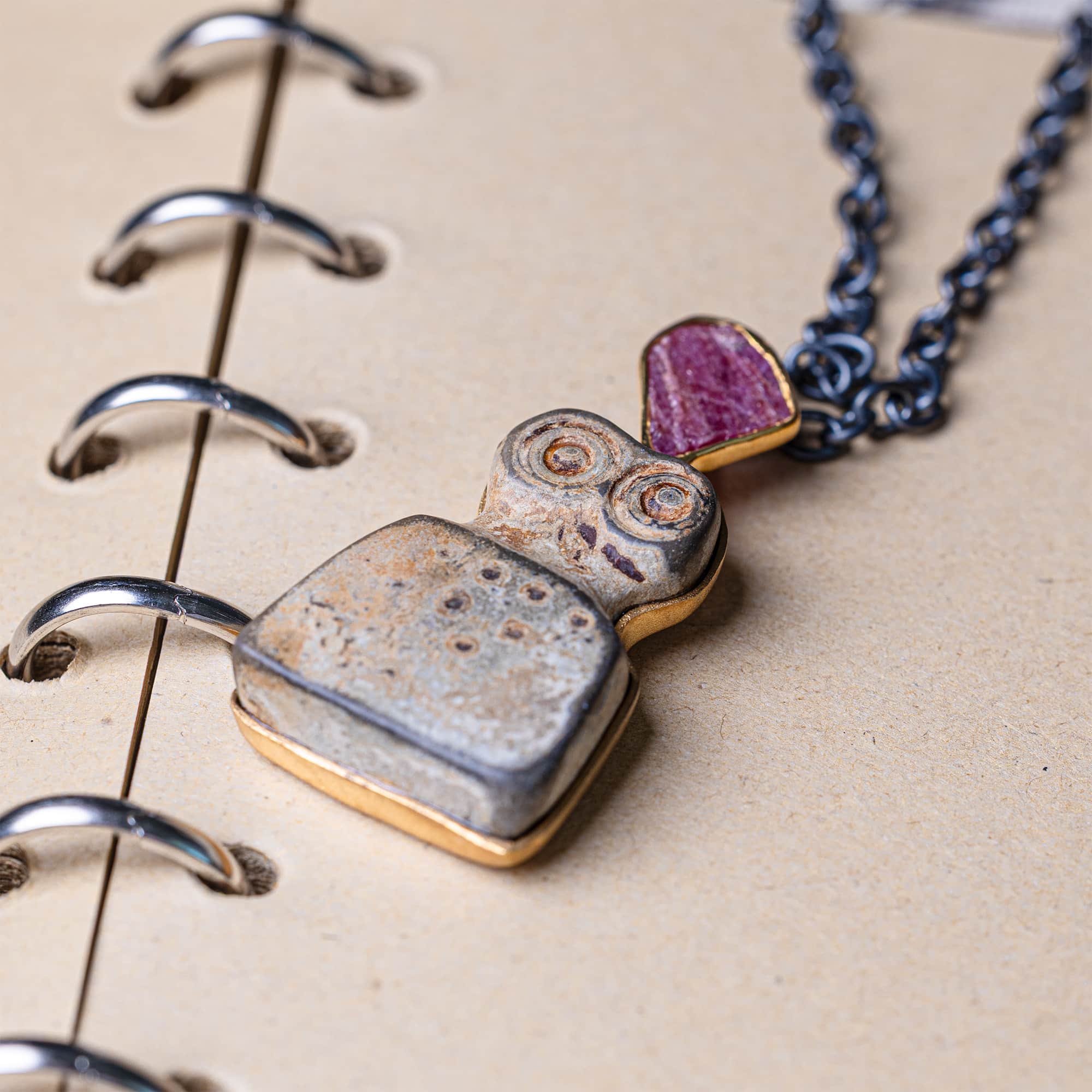Brak Sterling Silver Pendant with Ancient Chalcolithic Eye Idol & Natural Rough Ruby