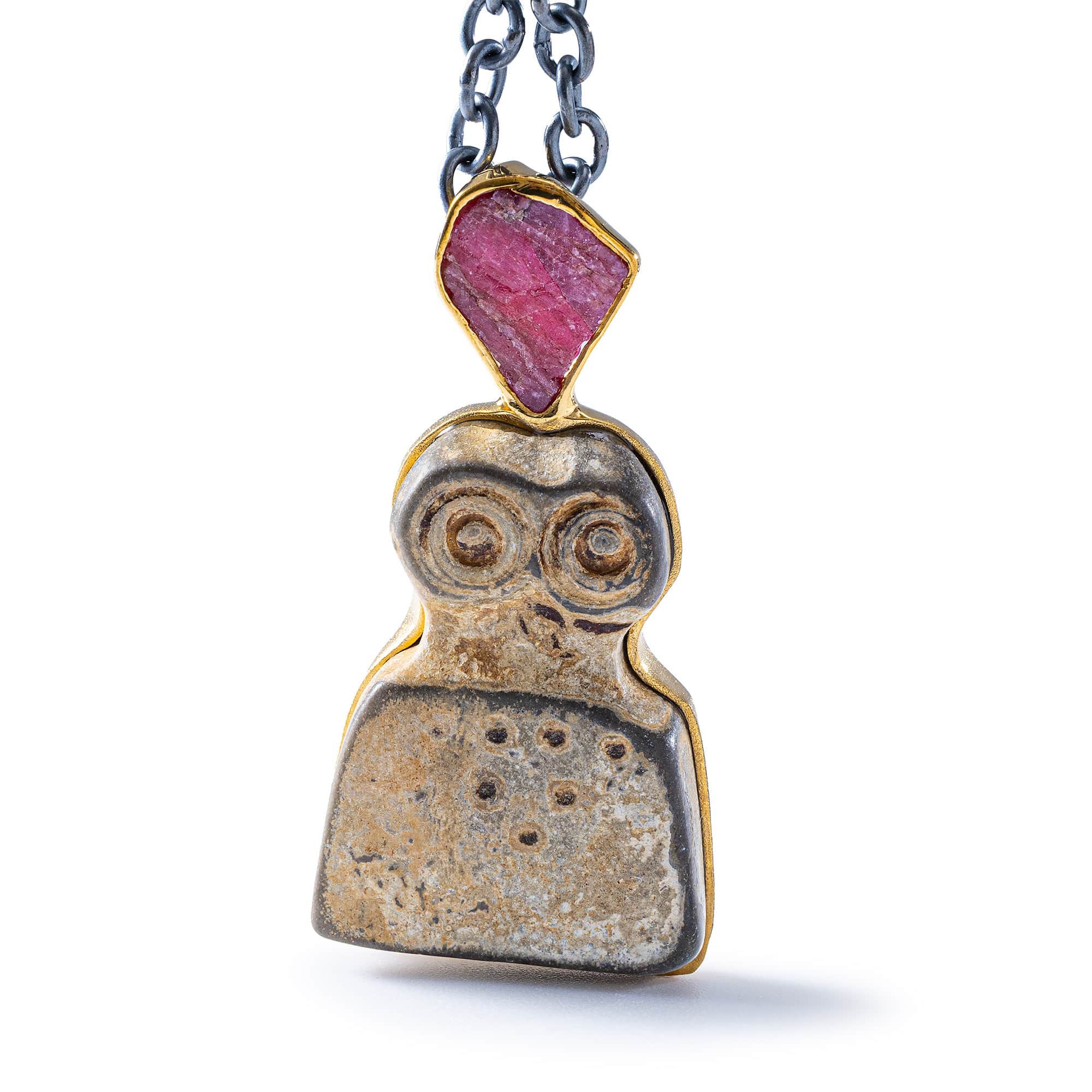 Brak Sterling Silver Pendant with Ancient Chalcolithic Eye Idol & Natural Rough Ruby