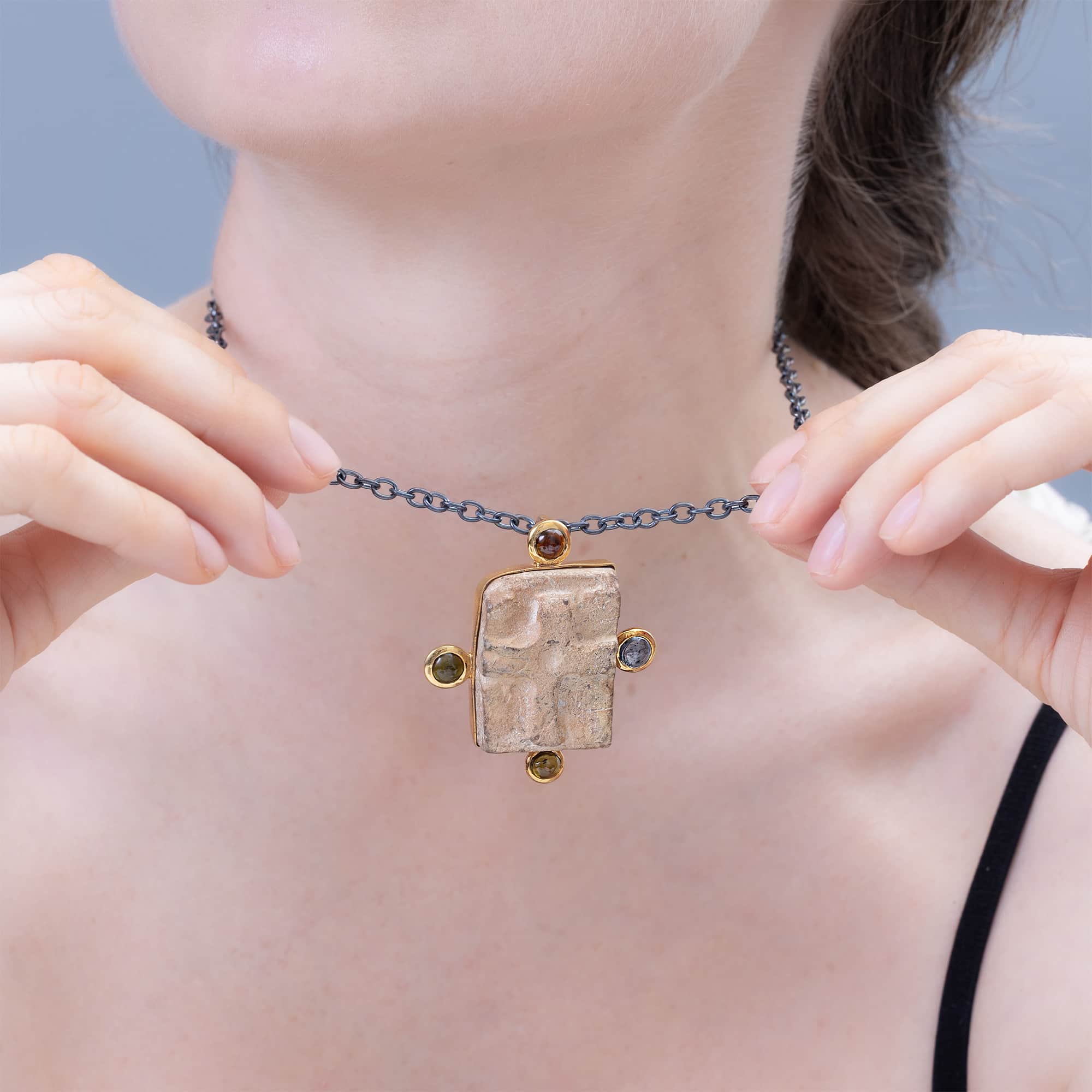 Hagios Sterling Silver Pendant with Ancient Byzantine Stone Cross, Tourmaline & Sapphire